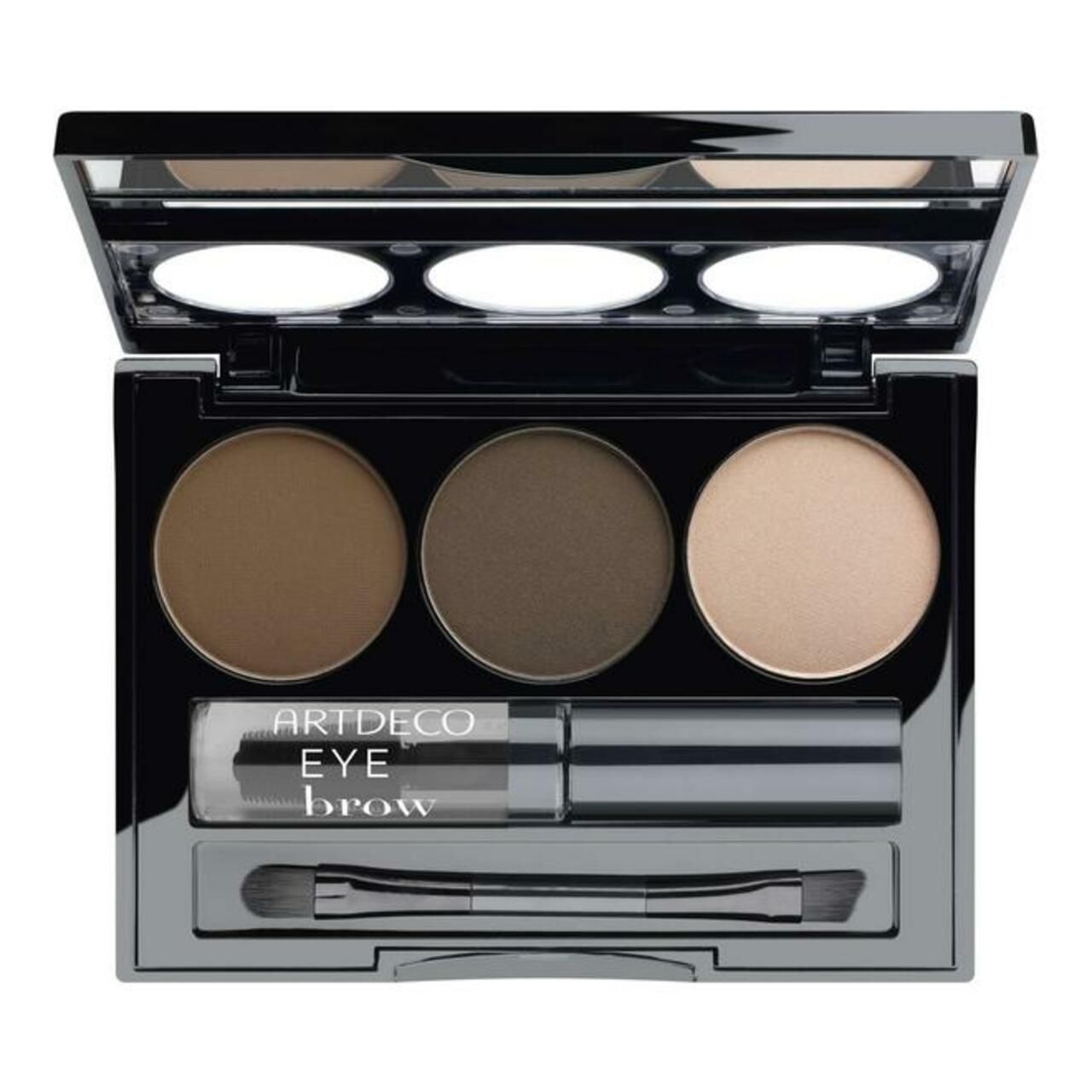 Artdeco Augenbrauen-Kit. Schwarze Palette mit drei runden Farbtönen, Augenbrauengel und Pinsel.