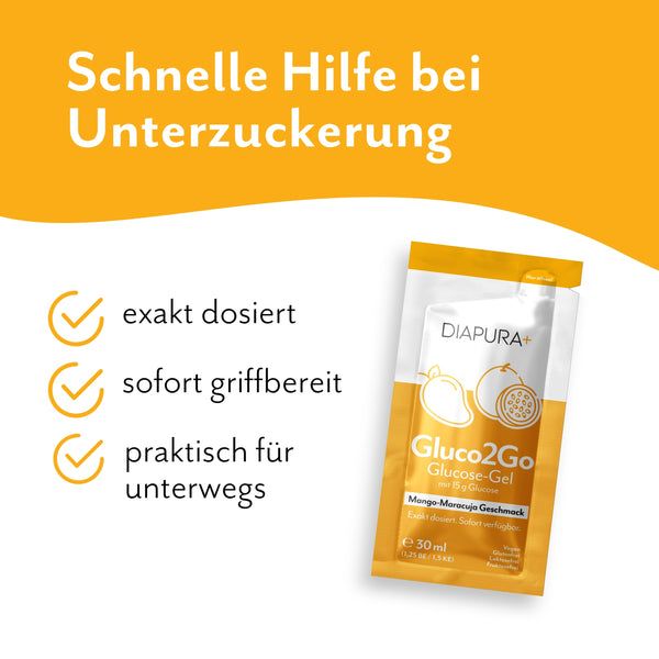 DIAPURA Gluco2Go Glucose-Gel bei Unterzuckerung (12 x 30 ml), Mango-Maracuja-Geschmack