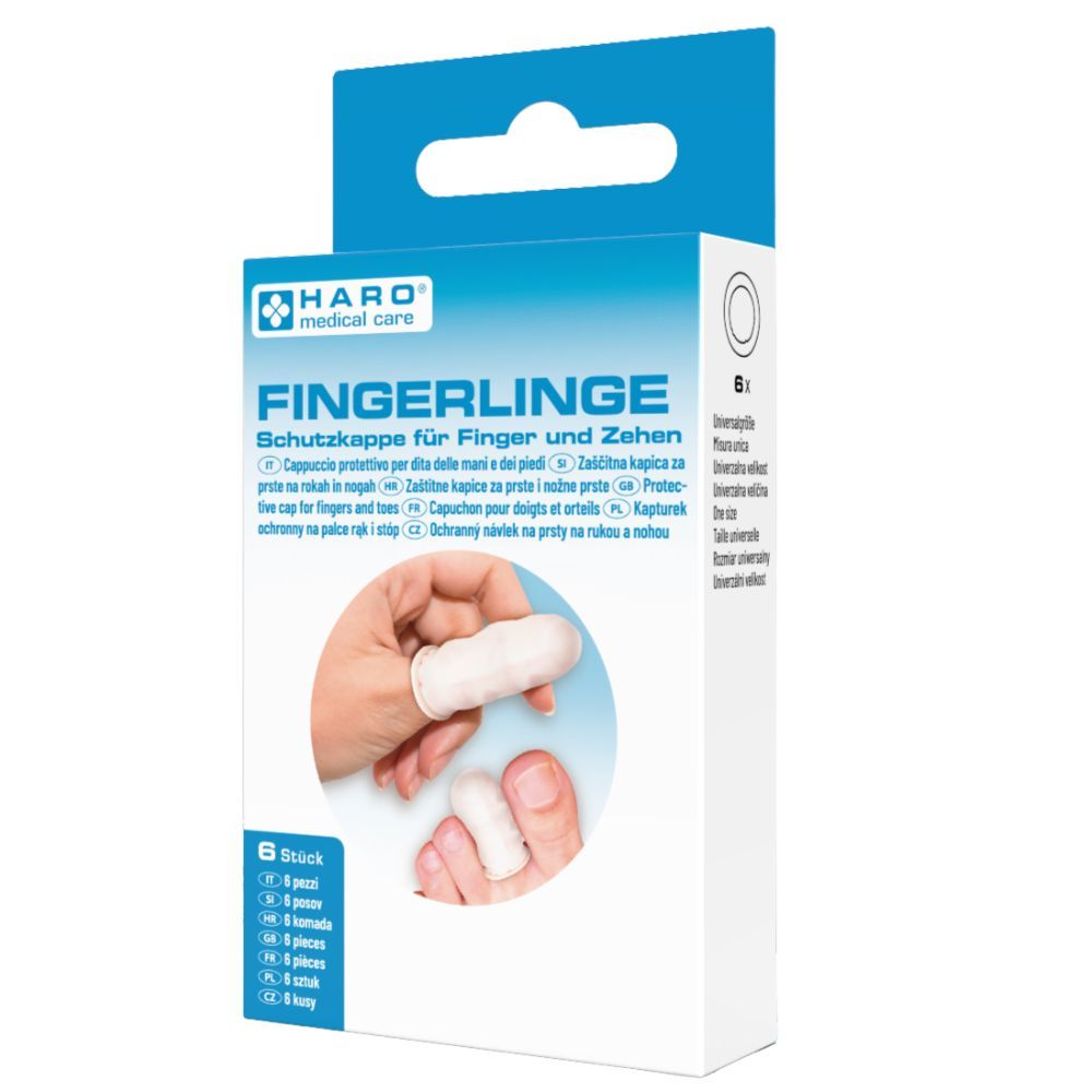 Verpackung mit Fingerlingen. Sechs Stück. Haro Medical Care. Schutz für Finger und Zehen. Fingerlinge auf Fingern und Zehen abgebildet.