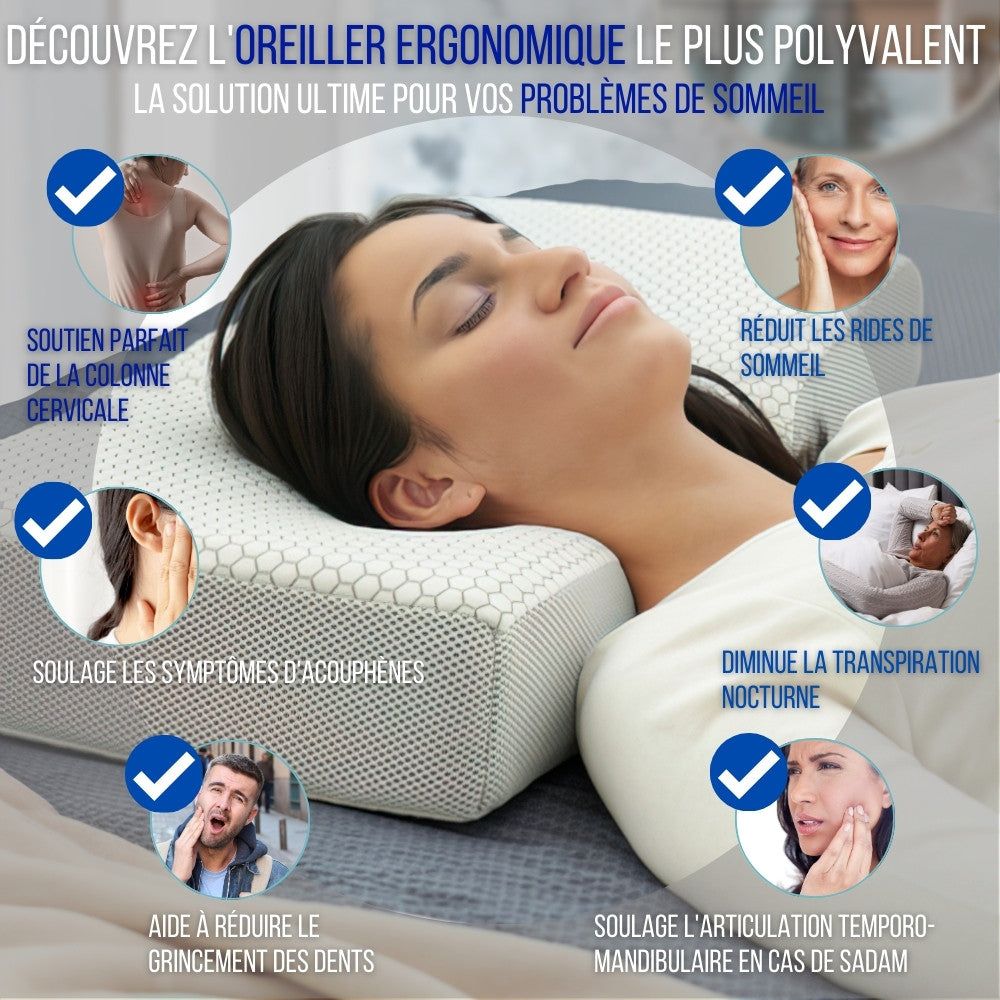 Femme allongée sur un oreiller ergonomique. Texte : Soulage les acouphènes, réduit les rides, etc.
