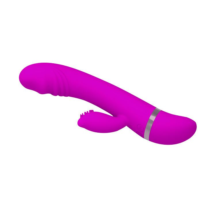 Lila Vibrator mit gebogener Form. Hat einen strukturierten Teil und einen silbernen Ring.