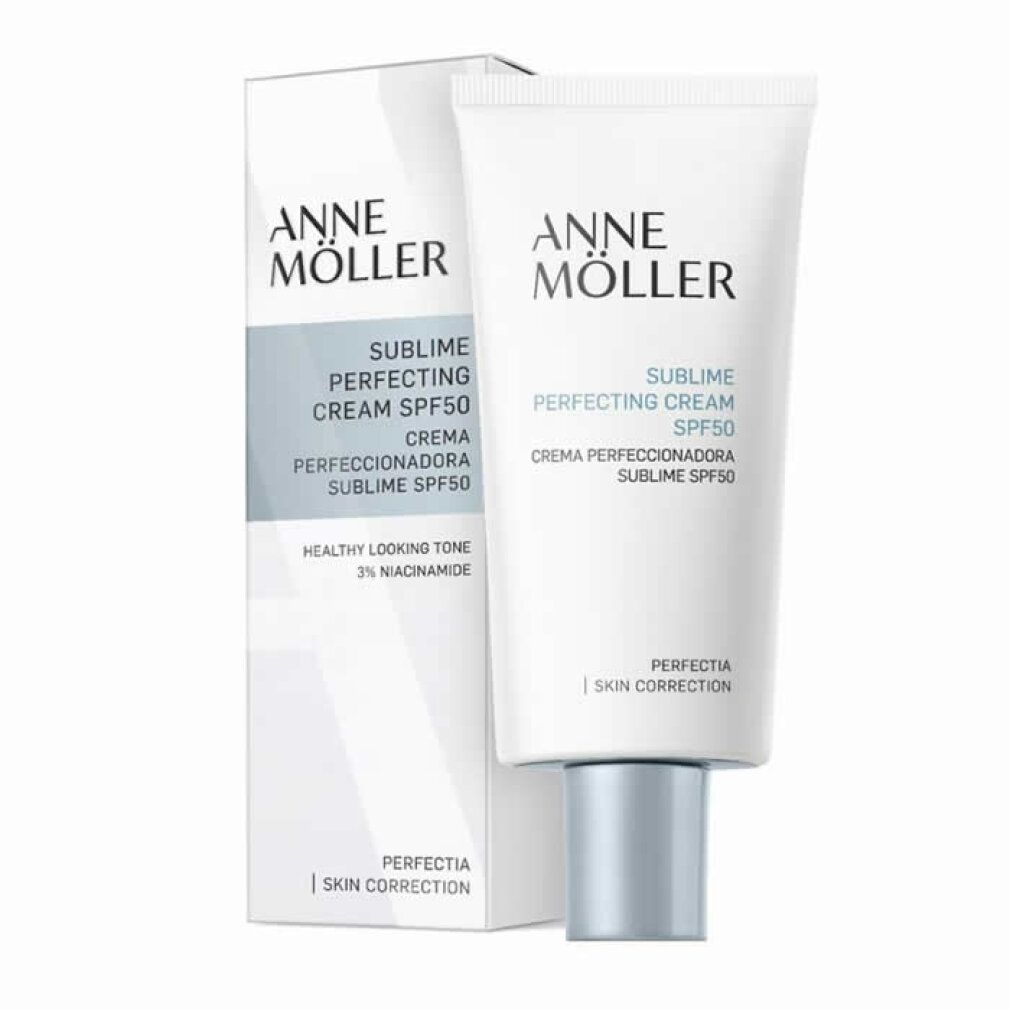 Anne Möller Sublime Perfecting Cream SPF50 Tube und Verpackung mit Hautpflege-Details.