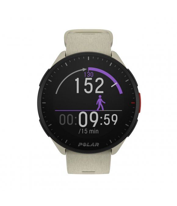 Fitness-Tracker mit rundem Display. Anzeige: Puls, Zeit, Schrittsymbol. Armband beige, Gehäuse schwarz. Marke: Polar.