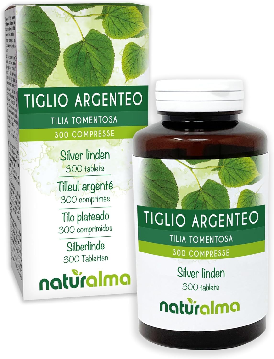 Produktverpackung: Tablettenflasche und Schachtel. Beschriftung: Tilia tomentosa, 300 Tabletten. Logo Naturalma.