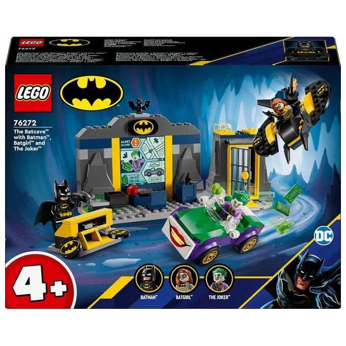Set LEGO "The Batcave" con Batman, Batgirl e Joker. La confezione mostra la Batcave con Batman, Batgirl e Joker. Il set include personaggi e accessori. Adatto a bambini dai 4 anni in su. Il logo LEGO è ben visibile.