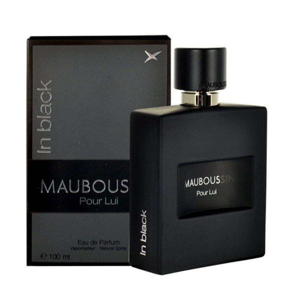 Schwarzer Flakon und Schachtel. Aufschrift: MAUBOUSSIN Pour Lui, In black. Schwarzer Deckel. Weiße Schrift. 100 ml.