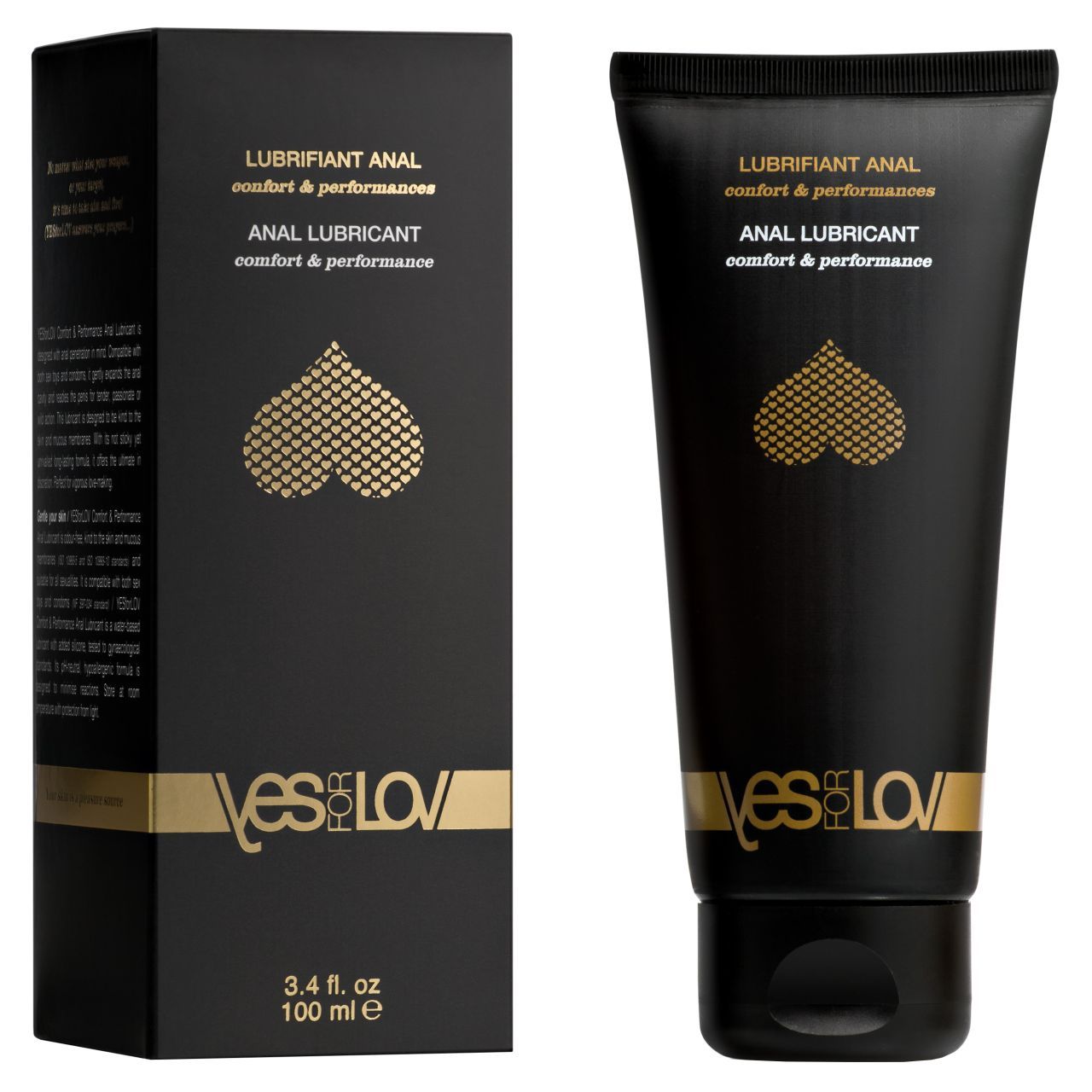Schwarze Tube und Schachtel. Aufschrift: LUBRIFIANT ANAL, ANAL LUBRICANT, YESforLOV. Goldfarbenes Herzmuster. 3.4 fl. oz 100 ml.