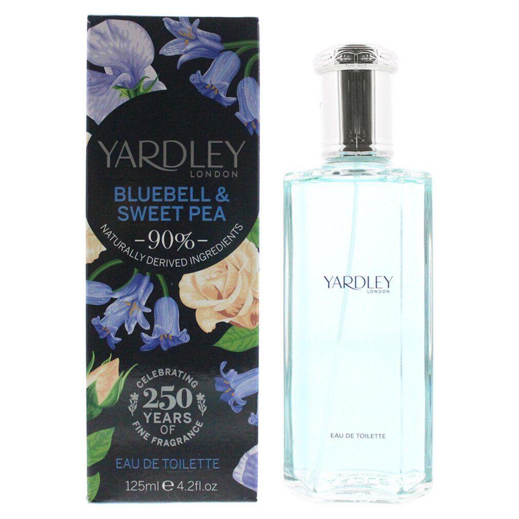 Blaues Eau de Toilette-Spray und Schachtel. Aufschrift: Yardley Bluebell & Sweet Pea. 250 Jahre Fine Fragrance.