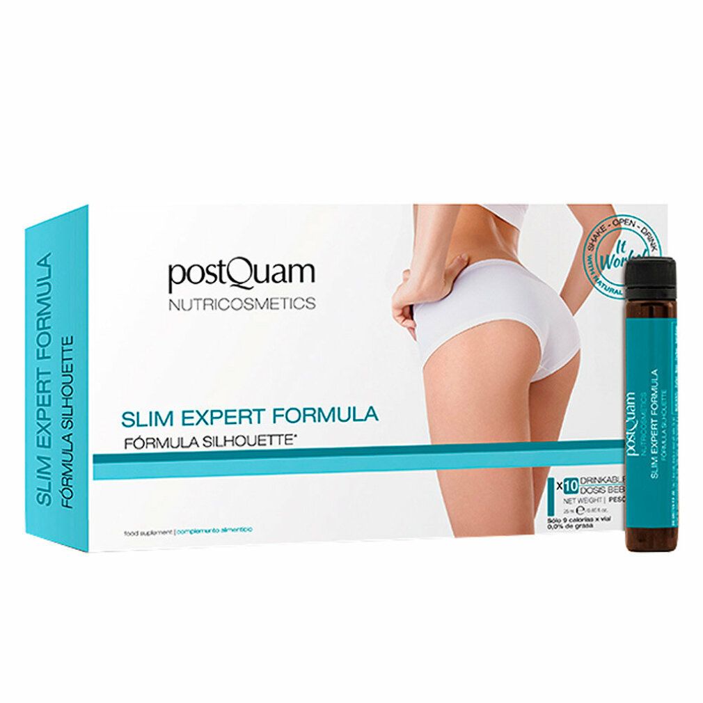 Postquam Slim Expert Formula Silhouette Packung und Trinkampulle. Produktname, Logo und Abbildung einer Frau. 10 Trinkampullen. Fläschchen mit Flüssigkeit.