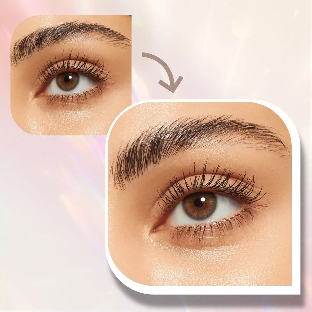 Vorher-Nachher-Bild. Auge mit ungeschminkten und geschminkten Augenbrauen. Pfeil zeigt Veränderung.