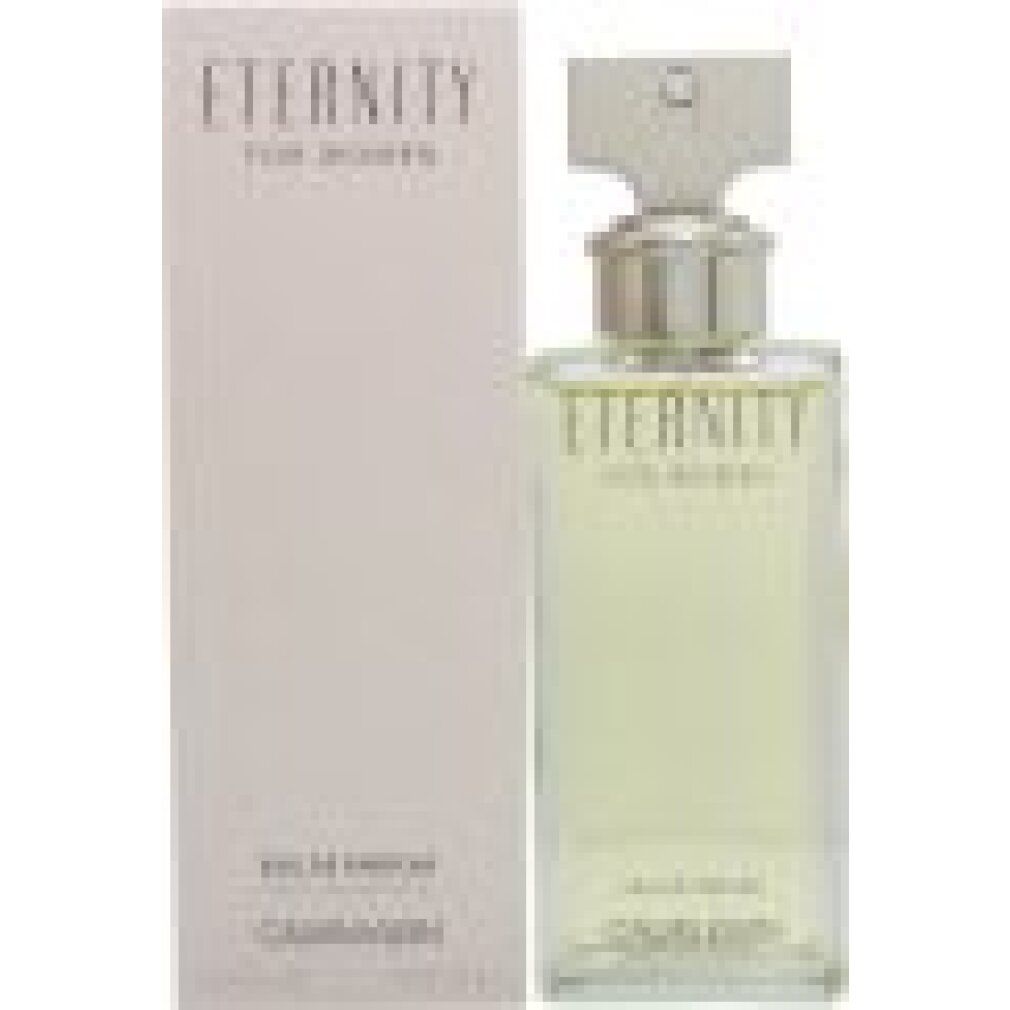 Flakon und Verpackung. Aufschrift "Eternity for Women" und "Calvin Klein". Flakon rechteckig mit silbernem Verschluss.