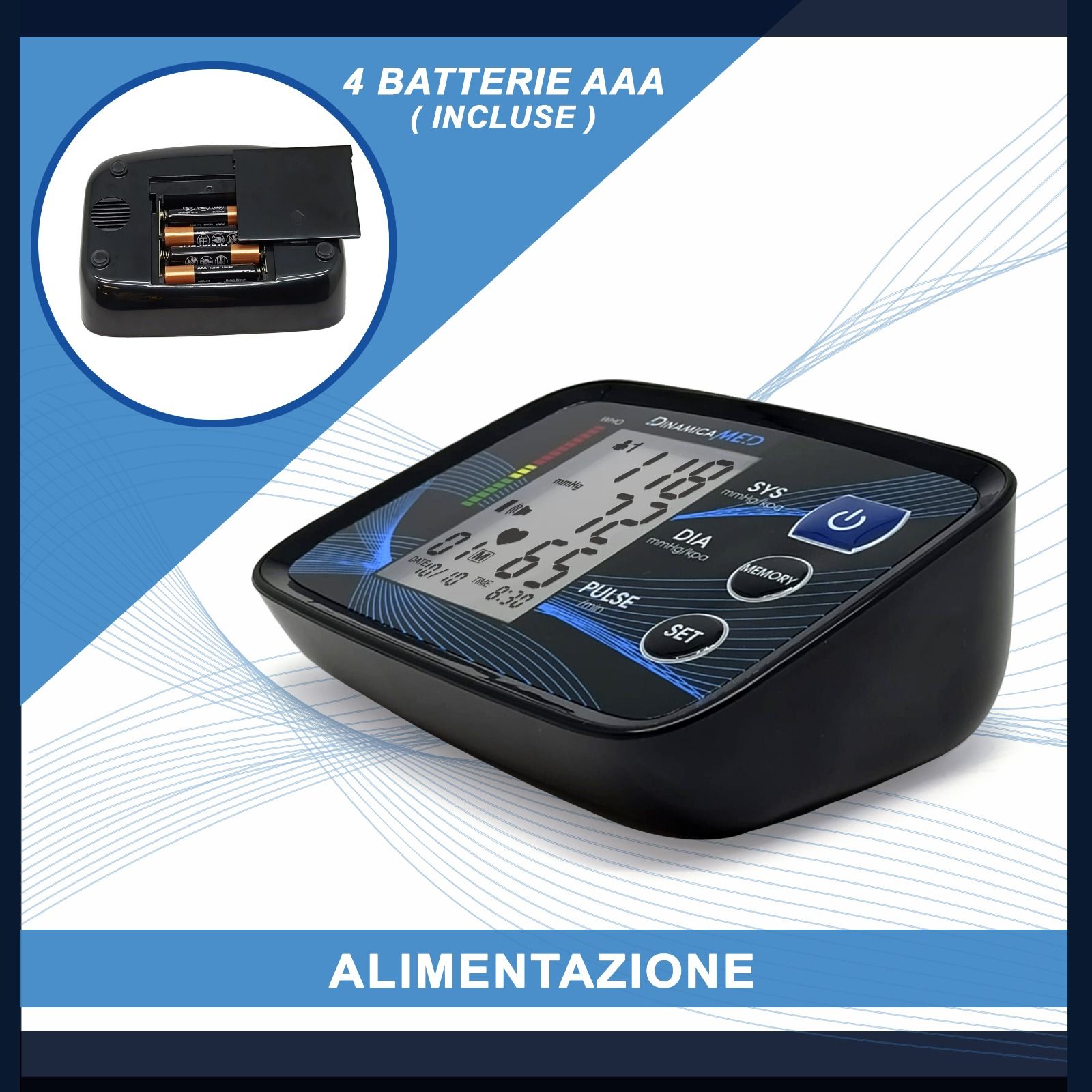 Digitales Blutdruckmessgerät mit LCD-Anzeige, zeigt systolischen und diastolischen Druck sowie Puls an. Enthält 4 AAA-Batterien.
