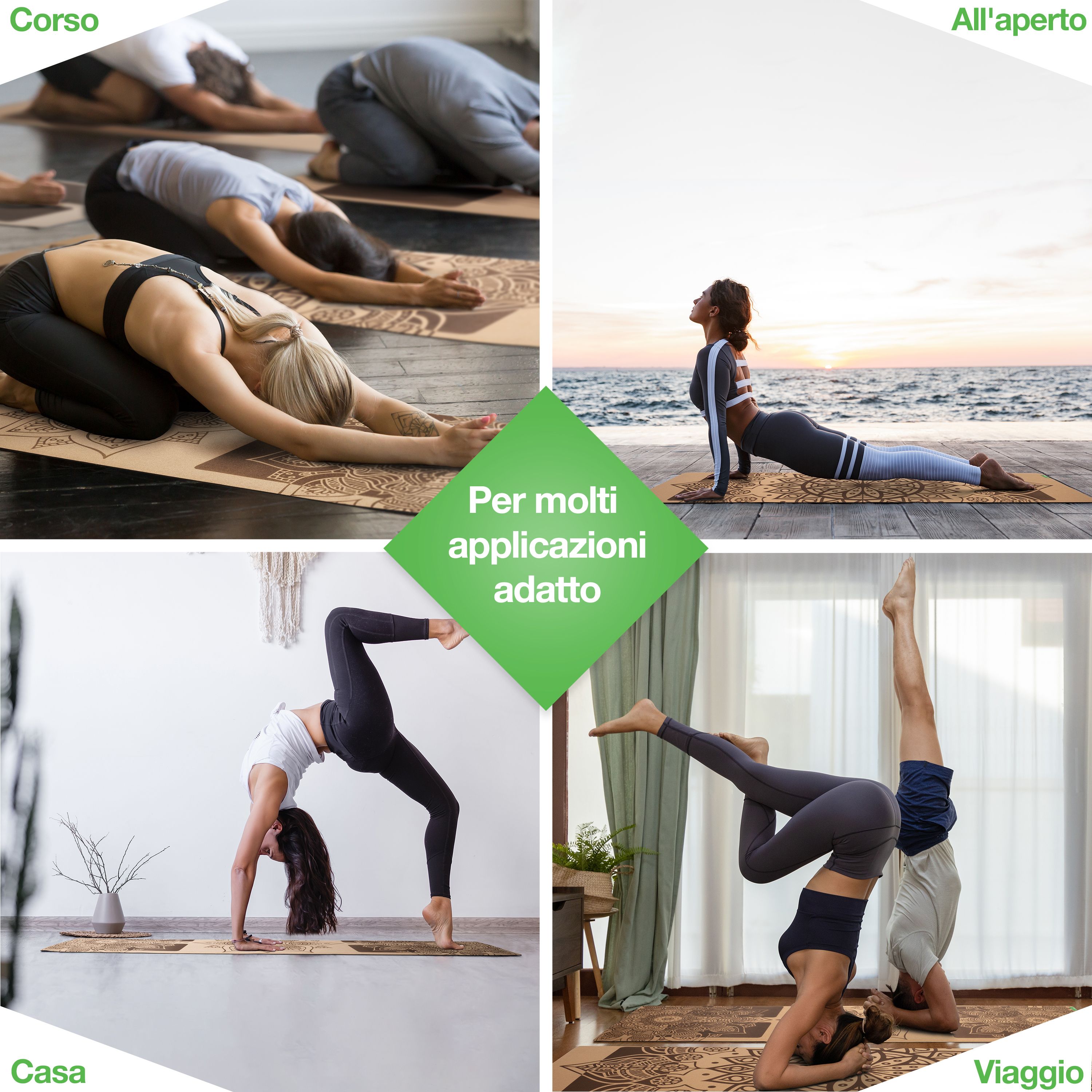 Quattro immagini mostrano applicazioni yoga: corso, all'aperto, casa, viaggi. Tappetino yoga con motivo in tutte le scene.