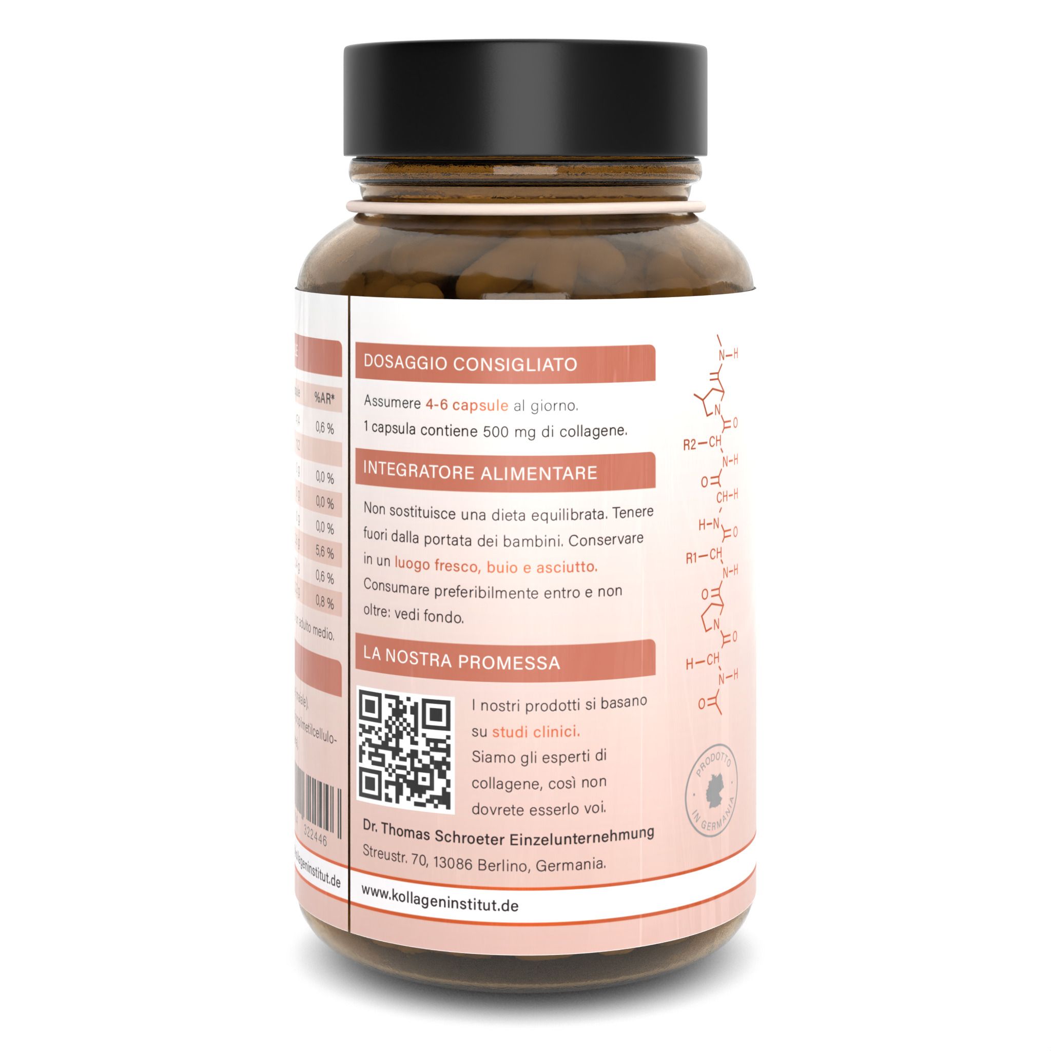 Retro della bottiglia Kollagen Institut. Contiene raccomandazioni sul dosaggio: 4-6 capsule al giorno. Include informazioni sugli ingredienti, la tabella nutrizionale e le informazioni del produttore. È visibile anche un codice QR.