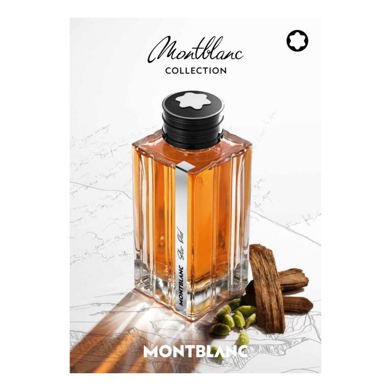 Montblanc Star Oud Parfümflakon. Rechteckige Glasflasche mit schwarzem Verschluss. Silberner Streifen mit Produktnamen. Holzstücke und Samen daneben.