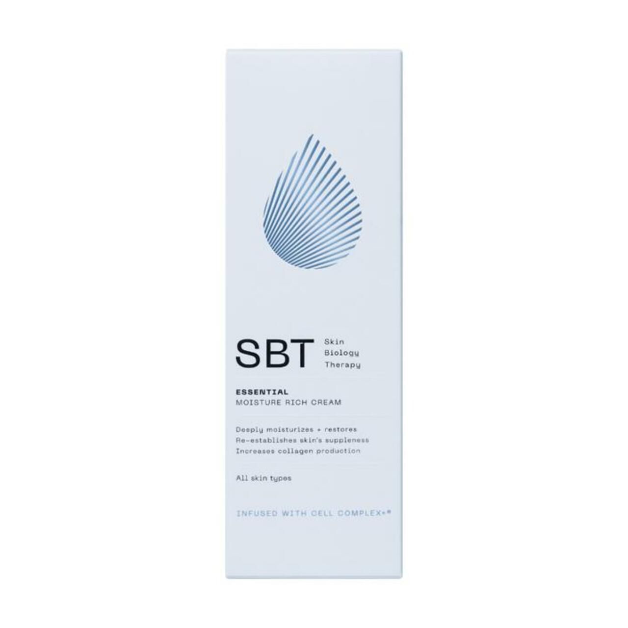 Weiße Verpackung mit Tropfen-Logo. Text: SBT, Essential Moisture Rich Cream, Skin Biology Therapy. Für alle Hauttypen.