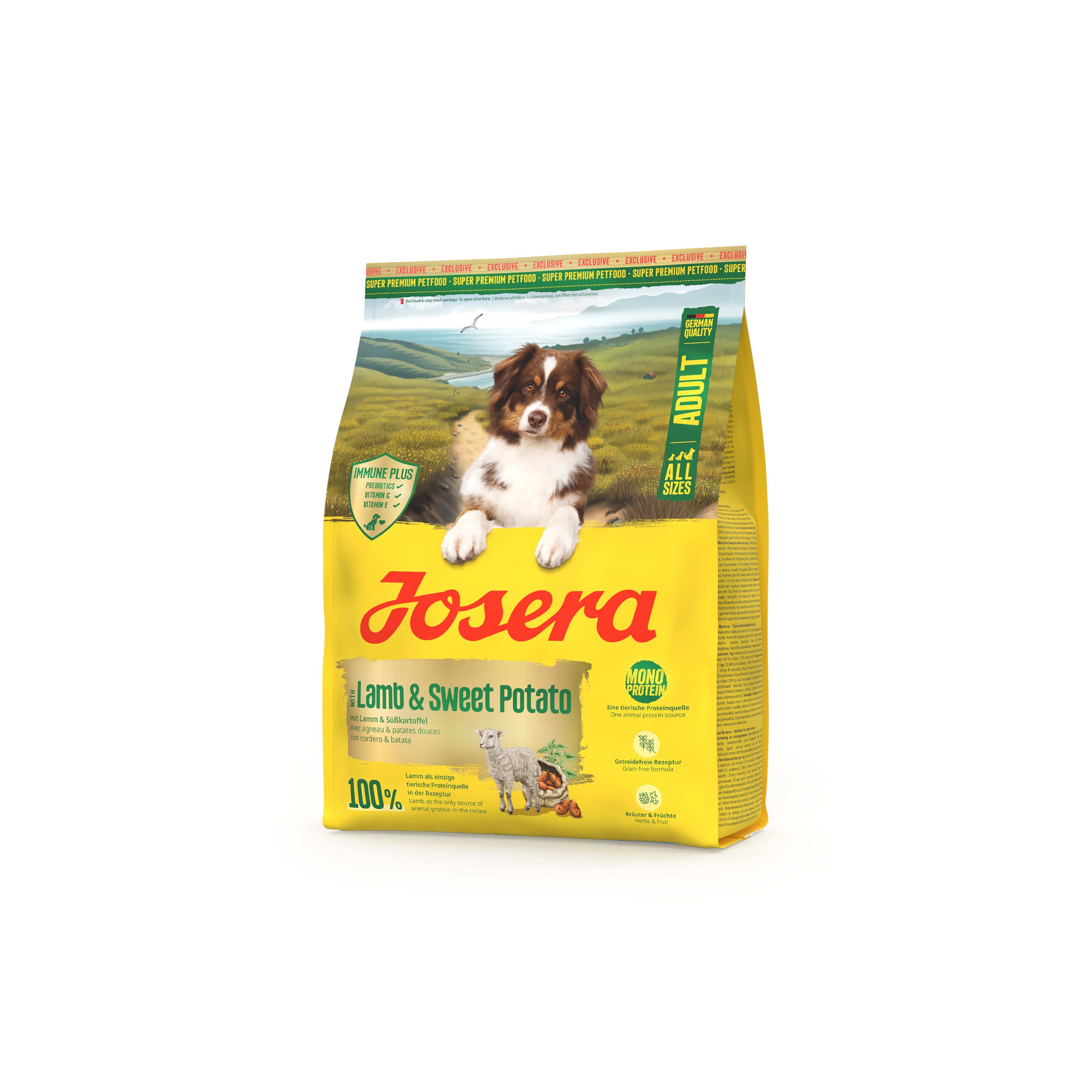 Gelbe Verpackung mit JOSERA Adult Lamb & Sweet Potato. Abbildung eines Hundes. Text: 100%.