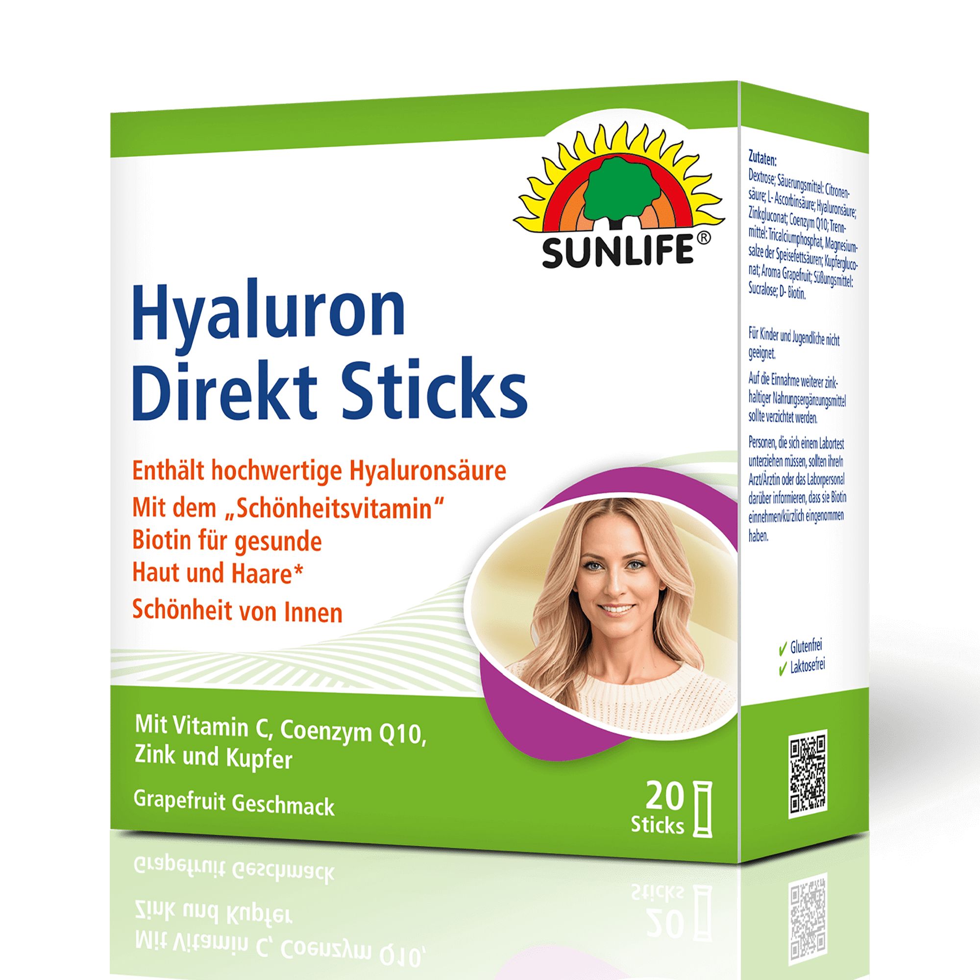 Grüne Schachtel mit SUNLIFE® Hyaluron Direkt Sticks. Enthält 20 Sticks. Produktname, Frauengesicht und Inhaltsstoffe sind aufgedruckt.