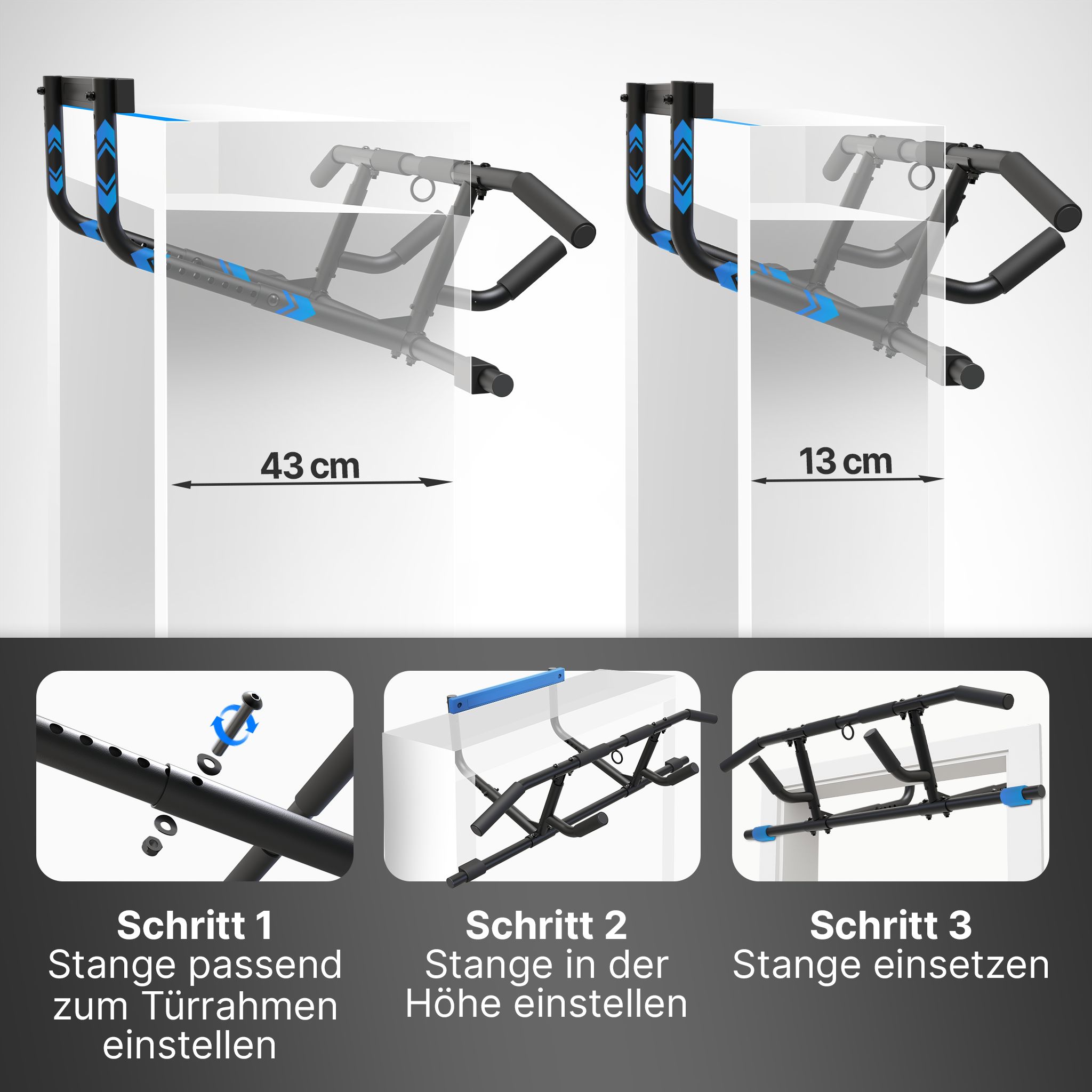 Drei Bilder zeigen die Montage einer Klimmzugstange. Schritte: Einstellen, in Höhe einstellen, einsetzen. Stange in Türrahmen.