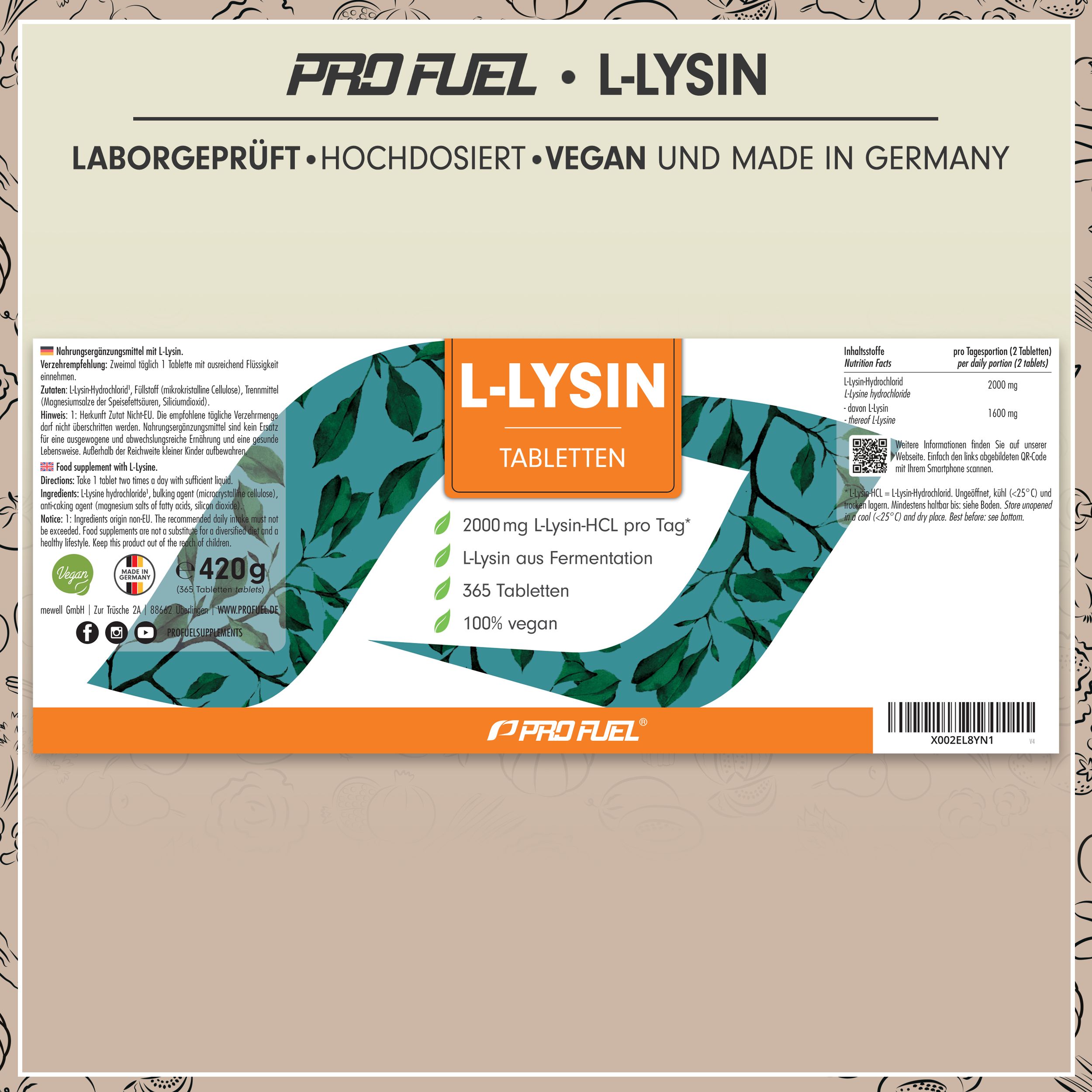 Verpackung von L-Lysin Tabletten. Text: 2000 mg L-Lysin HCL pro Tag, 365 Tabletten, 100% vegan. Laborgeprüft, hochdosiert, vegan.