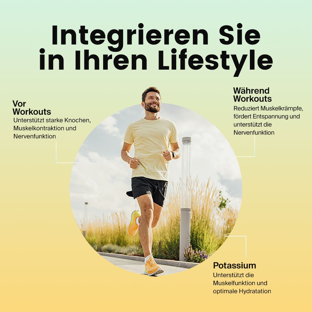 Mann läuft. Text: Integrieren Sie in Ihren Lifestyle. Vor Workouts, während Workouts, Kalium. Hintergrund: gelb und weiß.
