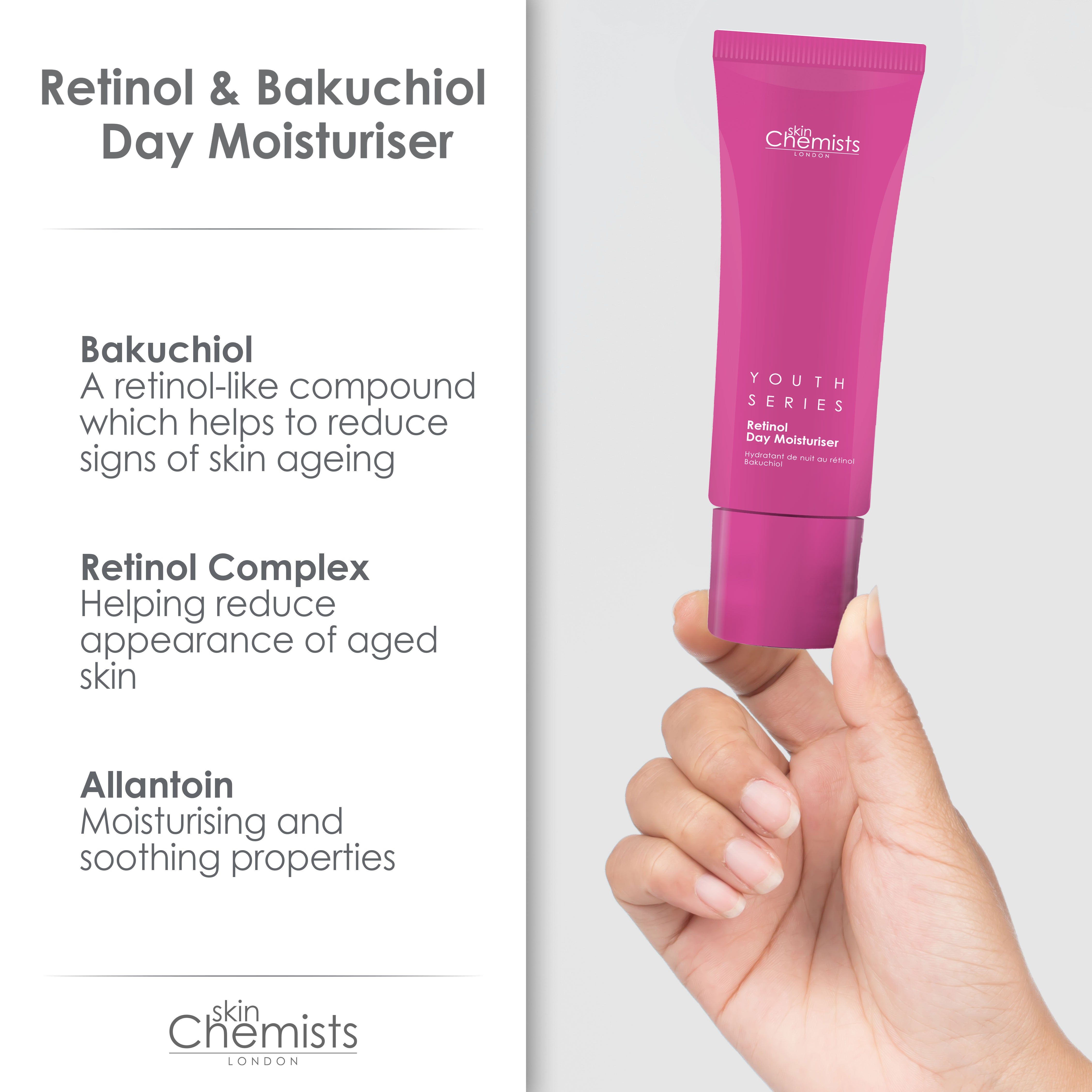 Hand hält rosa Tube. Aufschrift: Youth Series, Retinol Day Moisturiser. Marke: skinChemists. Text: Bakuchiol, Retinol Complex, Allantoin.