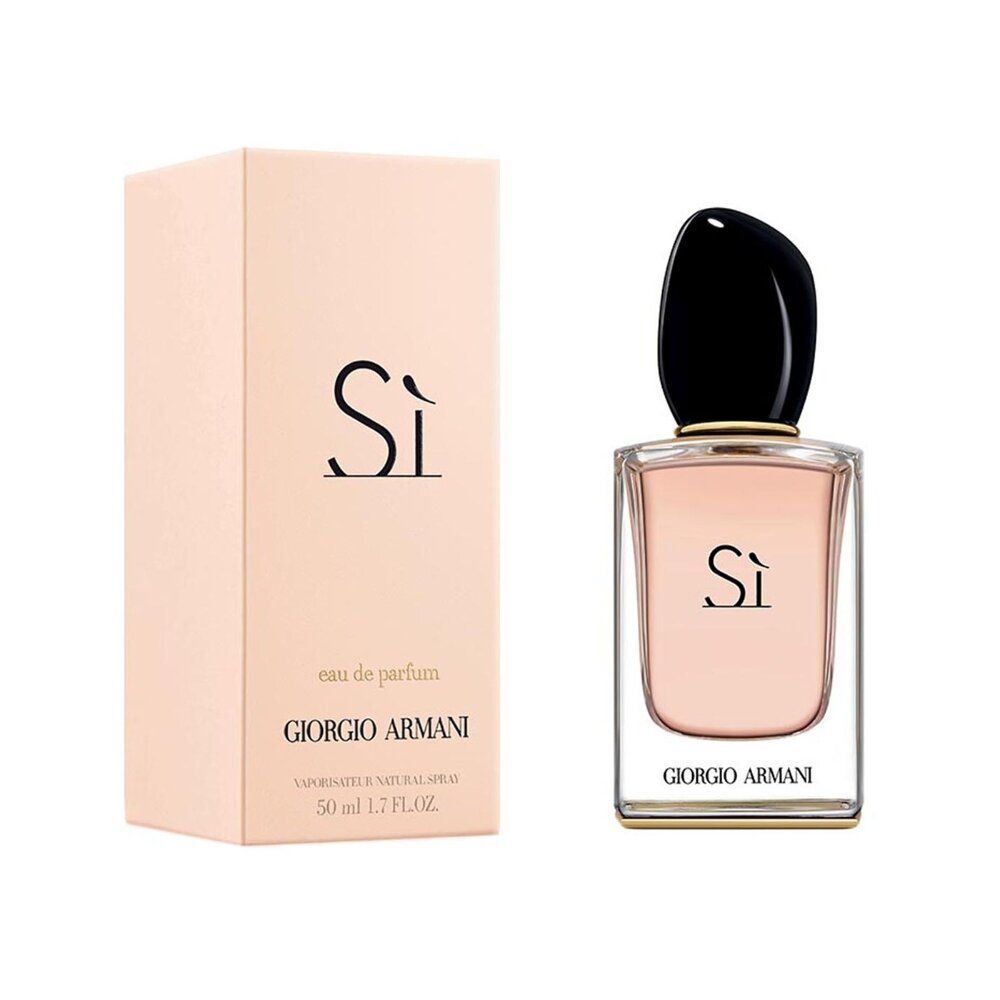 Flakon und Verpackung. Flakon mit schwarzem Deckel, Aufschrift: Sì, GIORGIO ARMANI. Verpackung mit Aufschrift: Sì, GIORGIO ARMANI.
