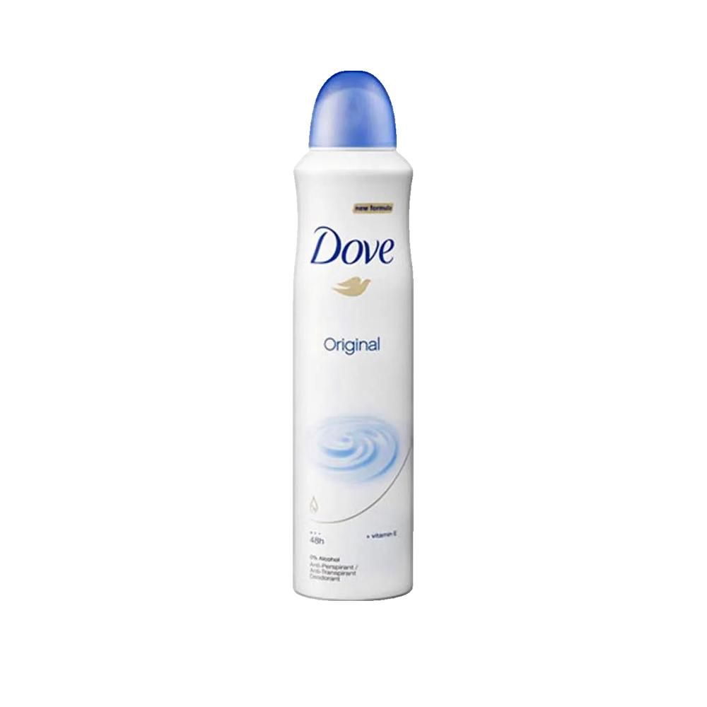 Weißes Dove Original Deo Spray mit blauem Sprühkopf. Schriftzug Dove und Produktbezeichnung Original.