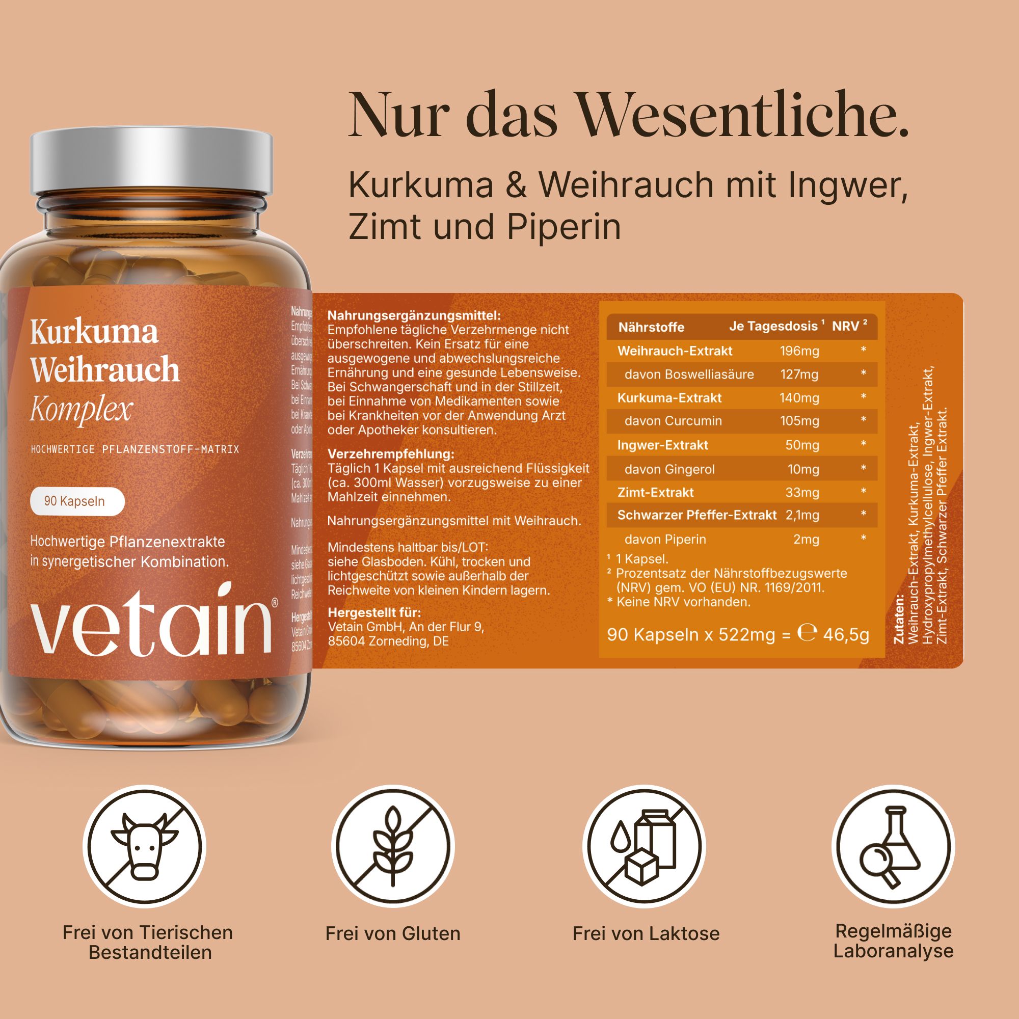 VETAIN Kurkuma Weihrauch Ingwer Komplex - 127mg Boswelliasäure & 105mg Curcumin - Mit Zimt & Piperin
