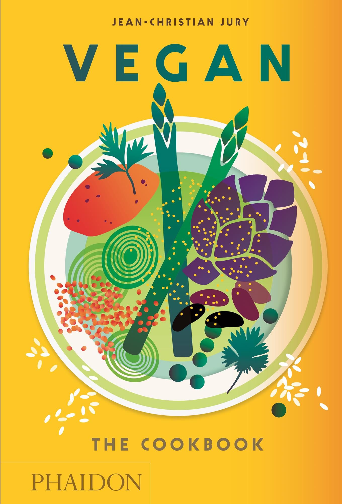 Buchcover mit dem Titel "Vegan: The Cookbook". Illustration von Gemüse auf einem Teller. Autor: Jean-Christian Jury. Verlag: Phaidon.