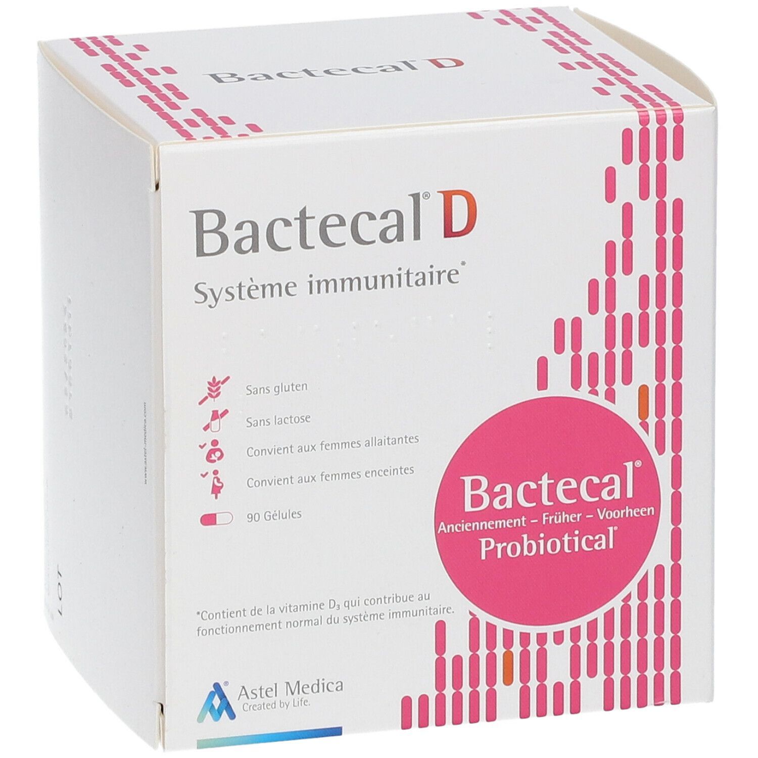 Weißer Karton mit Bactecal D. Rosa Kreis mit Bactecal Probiotical. Text: Système immunitaire. 90 Gélules. Glutenfrei, laktosefrei.