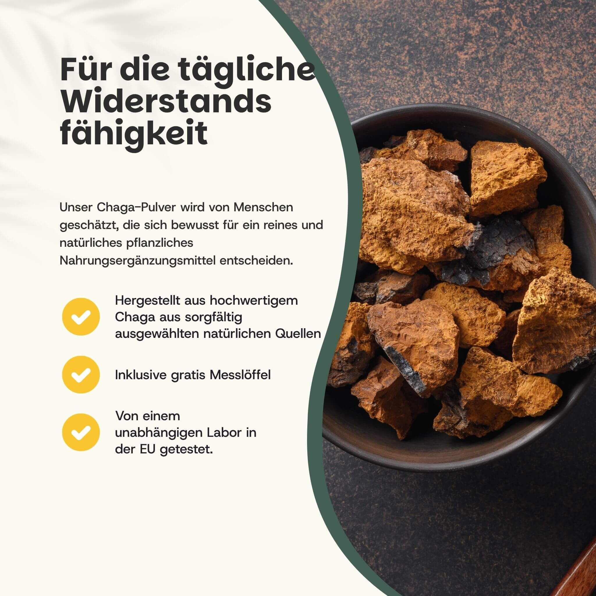Beutel mit Chaga Powder. Aufschrift: Chaga Powder, Food Supplement. 60g. Enthält Informationen und Nährwertangaben.