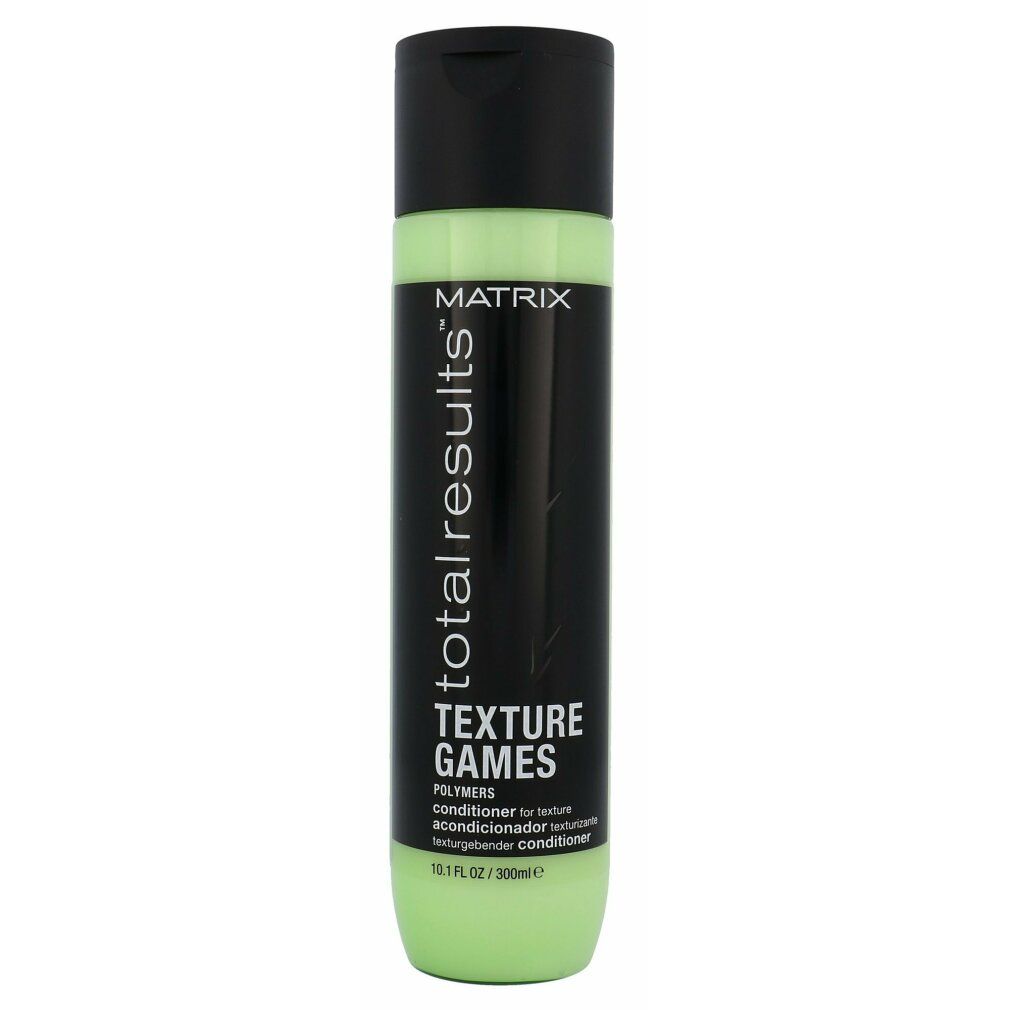 Grüne Flasche mit schwarzem Deckel. Aufschrift: Matrix Total Results Texture Games Conditioner.