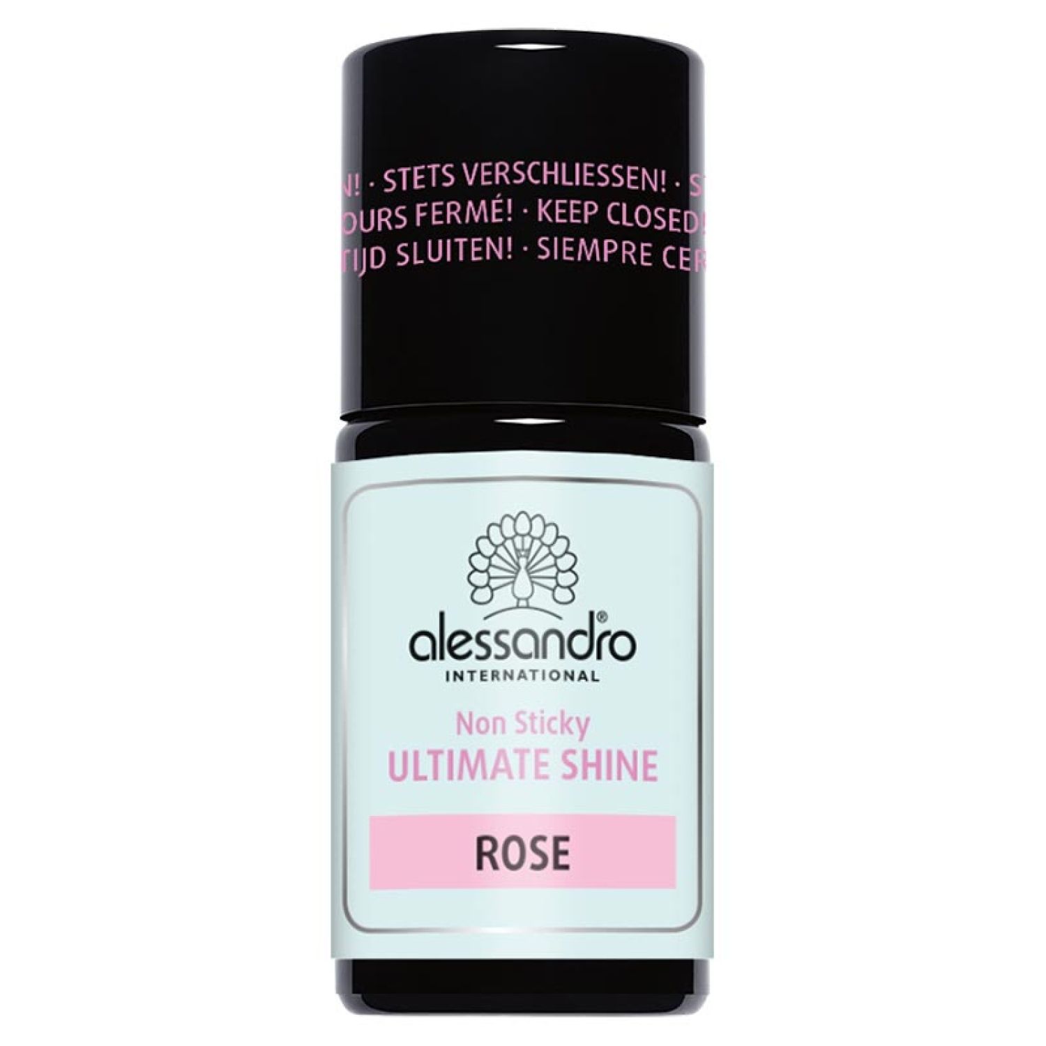 Flasche mit schwarzem Deckel. Etikett mit Logo, Produktname, Farbe Rose. Text: Non Sticky Ultimate Shine.