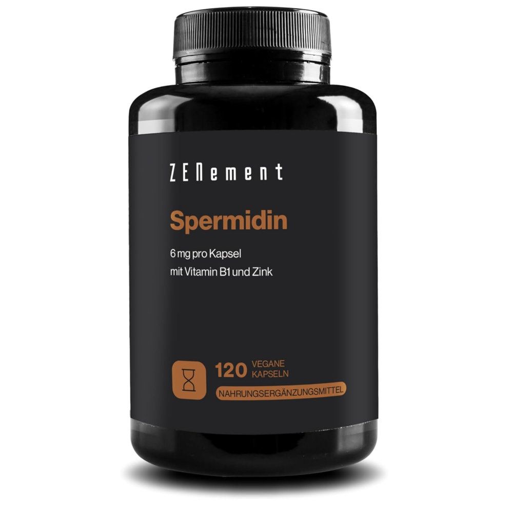 Schwarze Flasche mit Zenement Spermidin Kapseln. Aufschrift: 6mg pro Kapsel, mit Vitamin B1 und Zink. 120 vegane Kapseln.