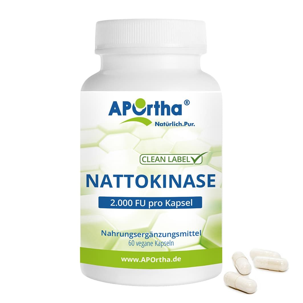 Weiße Flasche mit Nattokinase-Kapseln. Aufschrift: Nattokinase 2.000 FU pro Kapsel, 60 vegane Kapseln, Clean Label.