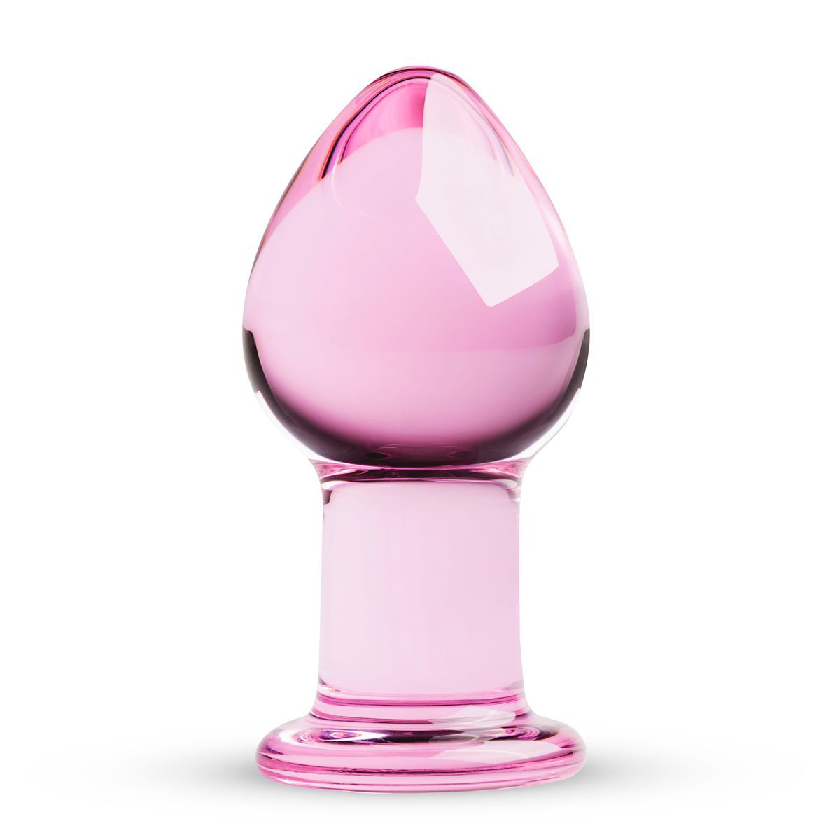 Rosa Glas-Analplug mit tropfenförmigem Kopf und zylindrischem Schaft. Auf weißem Hintergrund.