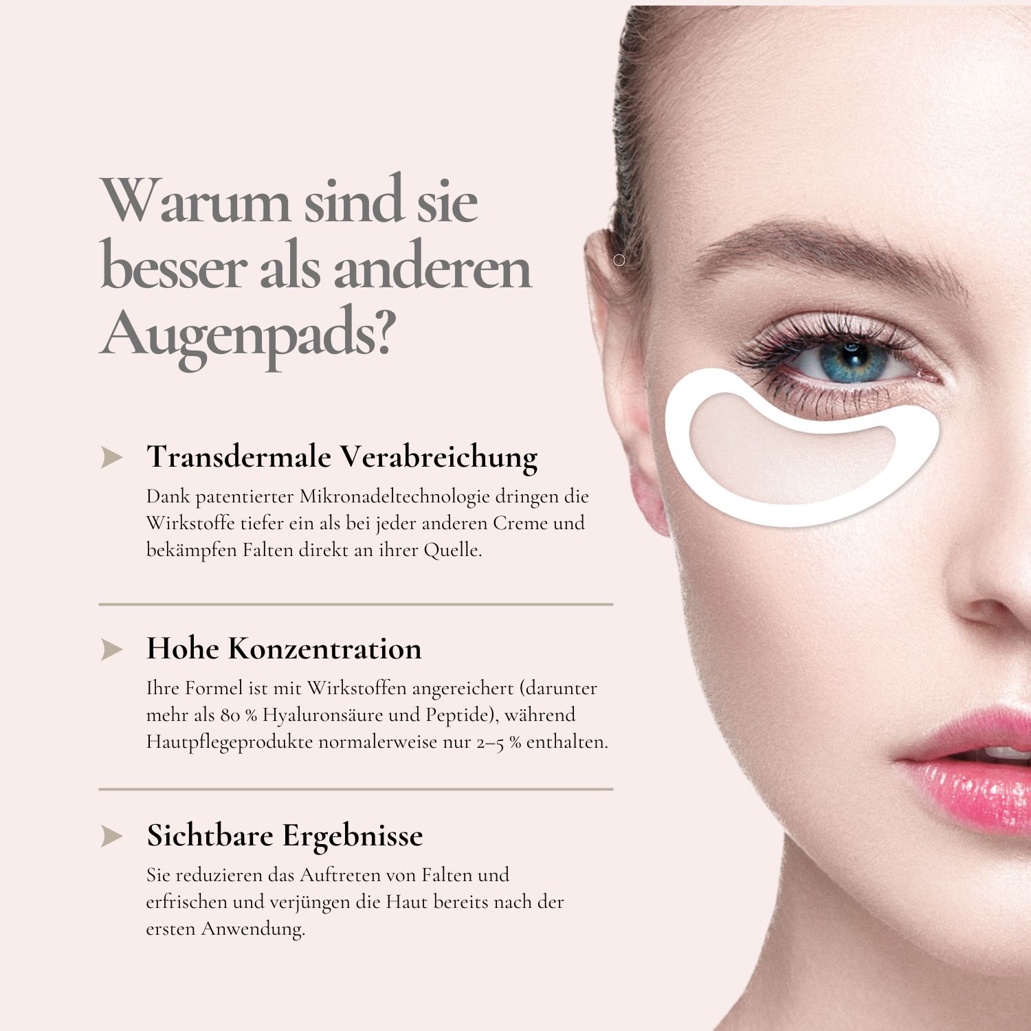 Rosa Verpackung mit BEAUTICAL Mikronadel-Augenpads. Text: Anti-Falten, sichtbare Ergebnisse, Feuchtigkeit.