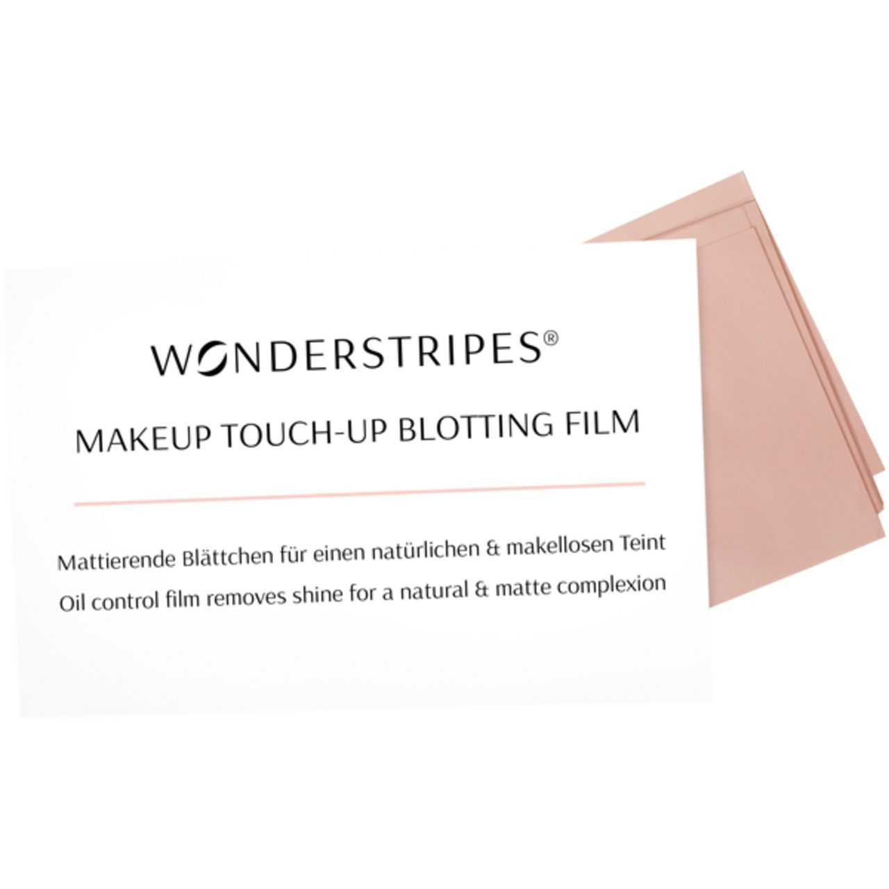 Blotting Film mit Text. Rosa Blätter neben Karte mit Produktnamen und Text.