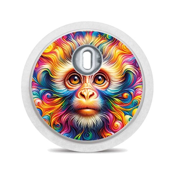Runder Aufkleber mit einem Affen-Gesicht. Bunte Farben. Der Aufkleber hat eine Aussparung für den Sensor.