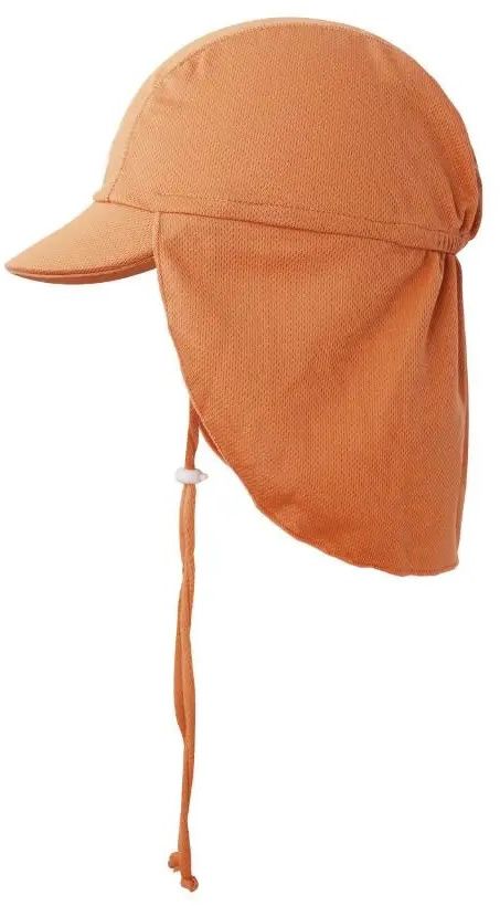 Korallenfarbener UV-Schutz-Hut mit Nackenschutz. Mit Krempe und Kinnband. Aus Textilmaterial.