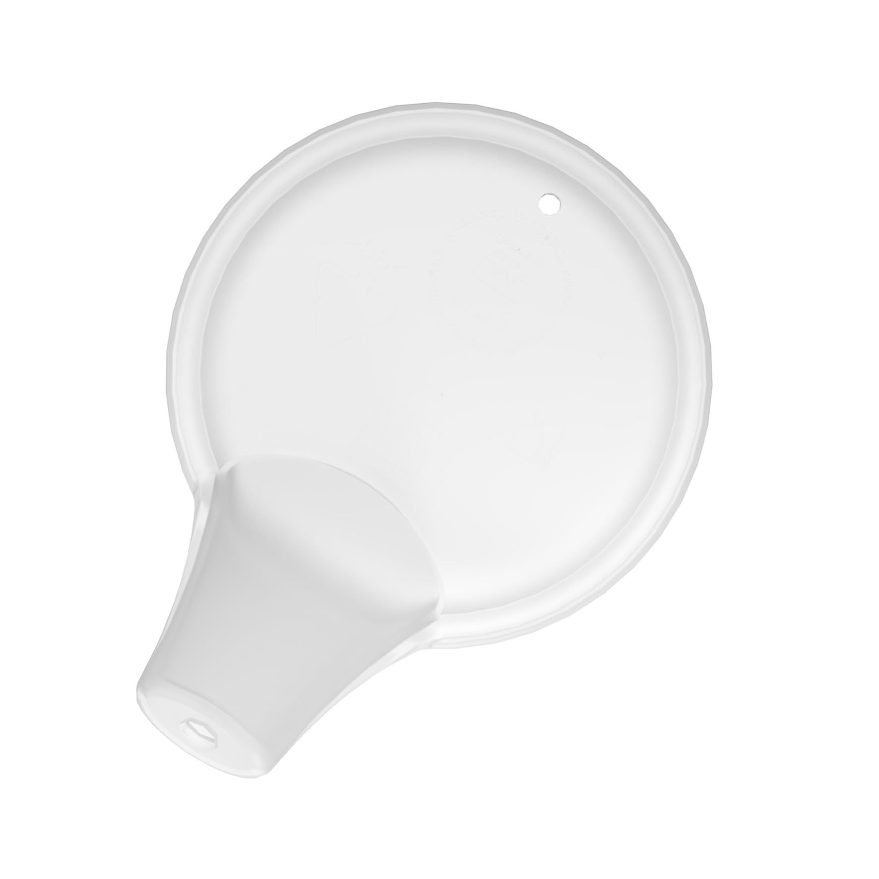Weißer Deckel mit Schnabelaufsatz. Runde Form. Loch am Rand.