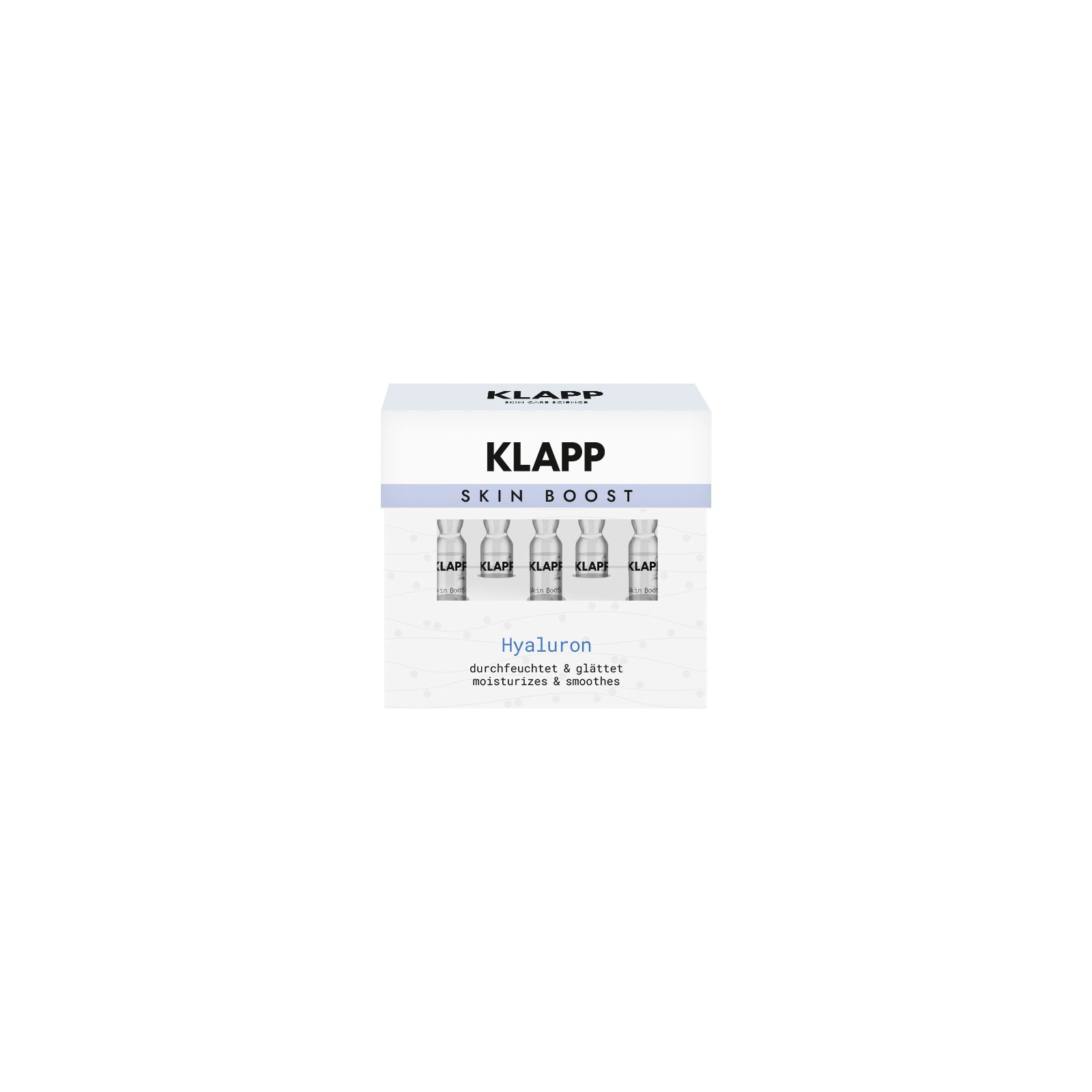 Verpackung mit fünf Ampullen. Aufschrift: KLAPP SKIN BOOST Hyaluron. Text: durchfeuchtet & glättet, moisturizes & smoothes.