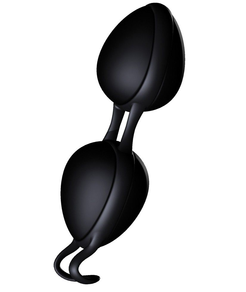 Schwarzes Produkt mit zwei ovalen Kugeln, verbunden durch einen Steg. Am Ende befindet sich ein Griff.