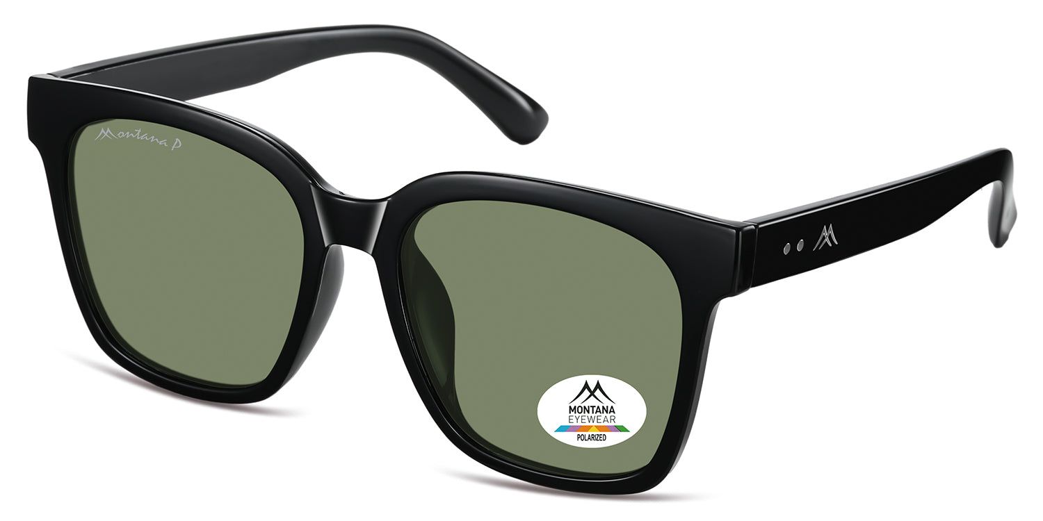 Schwarze Sonnenbrille mit grünen Gläsern. Montana Eyewear Logo auf dem linken Bügel und einem Glas. Polarisiert.