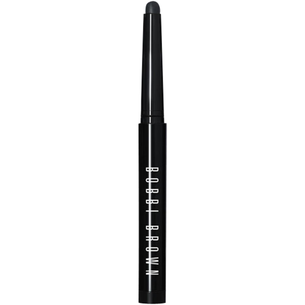 Bobbi Brown Long-Wear Cream Shadow Stick. Schwarzer Stift mit schwarzer Spitze. Vertikale Ausrichtung. Schwarze Schrift: Bobbi Brown.