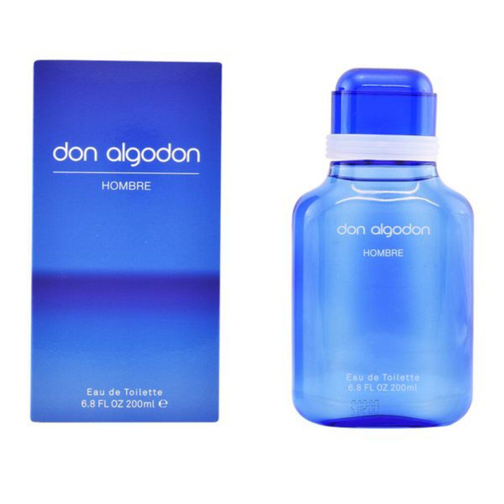 Blaues Eau de Toilette Flakon und Schachtel. Aufschrift: Don Algodón Hombre. Eau de Toilette.