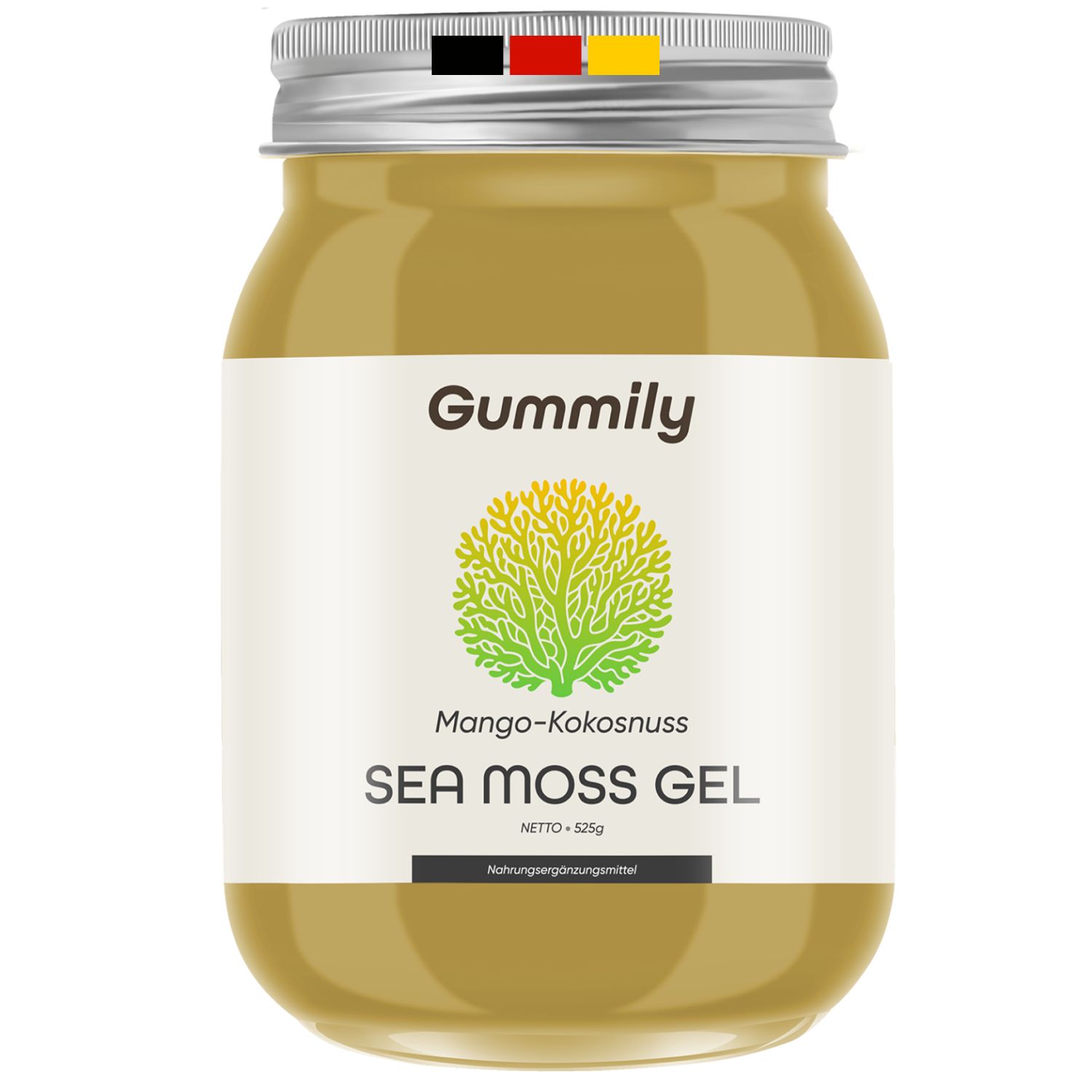 Glas mit Gummily® Sea Moss Gel. Etikett mit Logo, Produktname und Inhaltsangaben. Deckel mit Deutschland-Flagge.