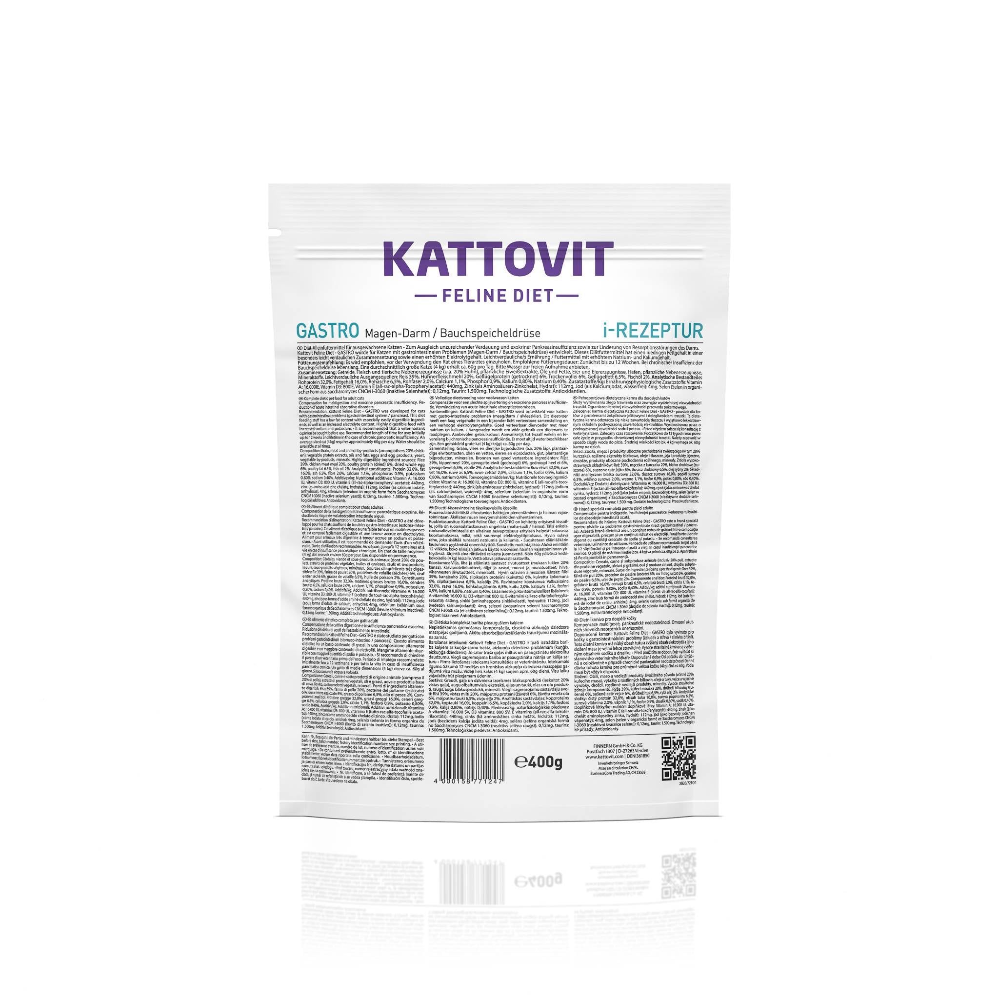 Kattovit Feline Diet Gastro Magen-Darm 400g Beutel, Seitenansicht.
