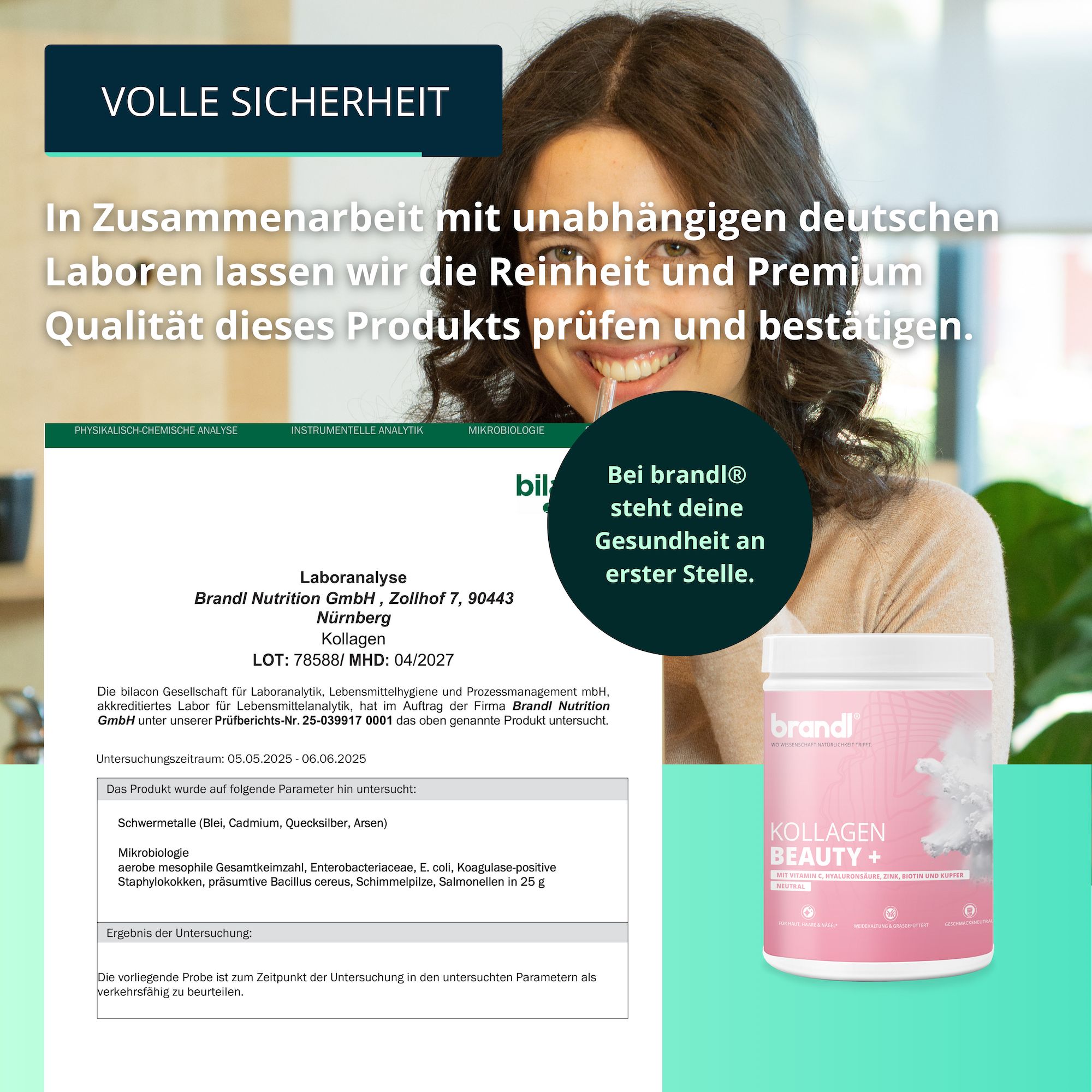 Werbung mit Frau und Produkt. Text: Laboranalyse, brandl® Kollagen Beauty +. Behälter brandl® Kollagen Beauty +.